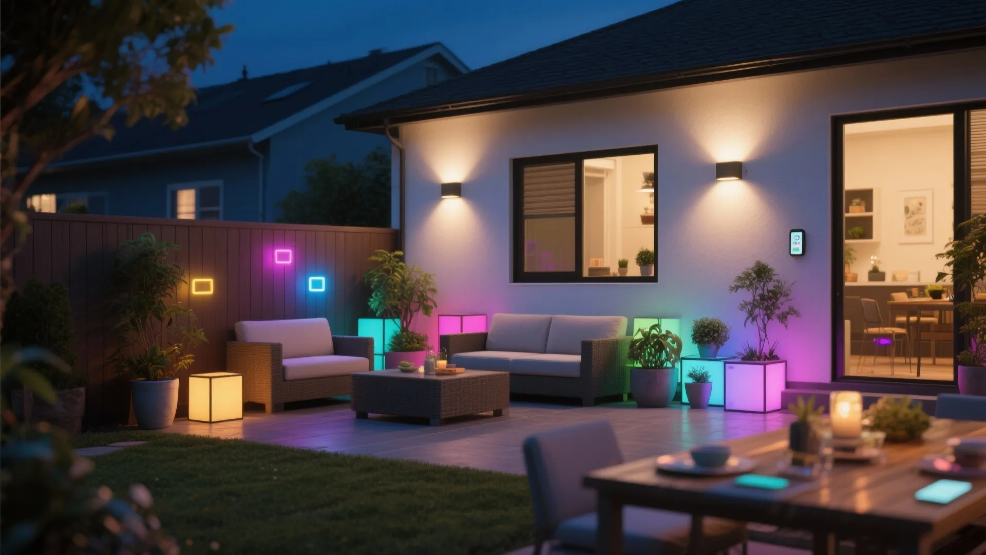 Compact patio lit with smart color-tunable LED wall lights showing warm dining and subtle colored accents.
