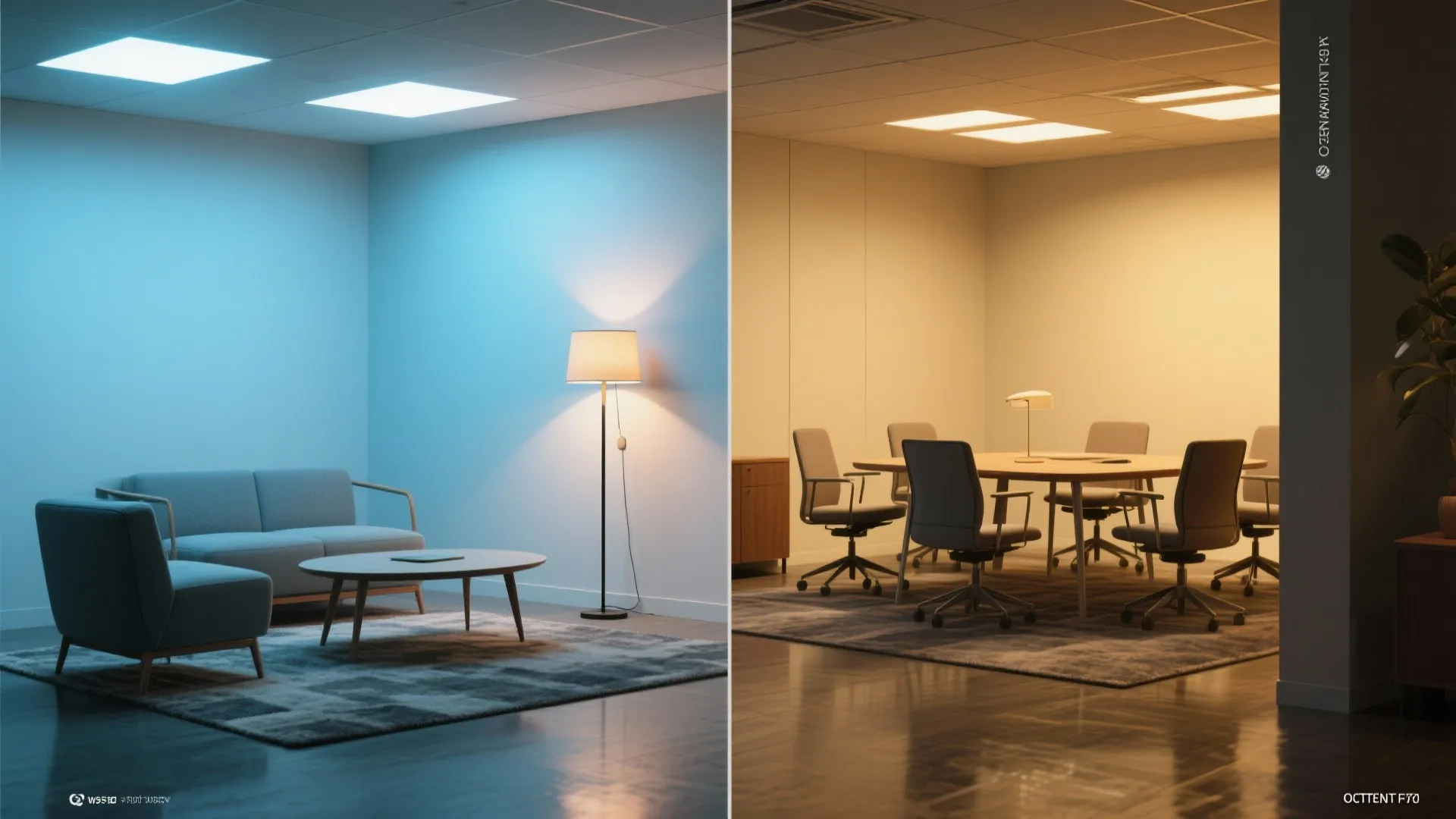 Side-by-side comparison of cool blue office lighting versus warm yellow light in a meeting room