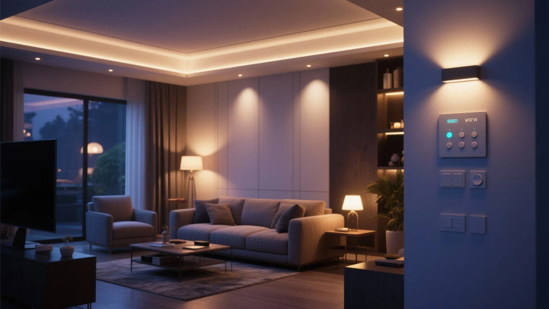 Smart home lighting control panel on white wall near living room sofa and floor lamp setup