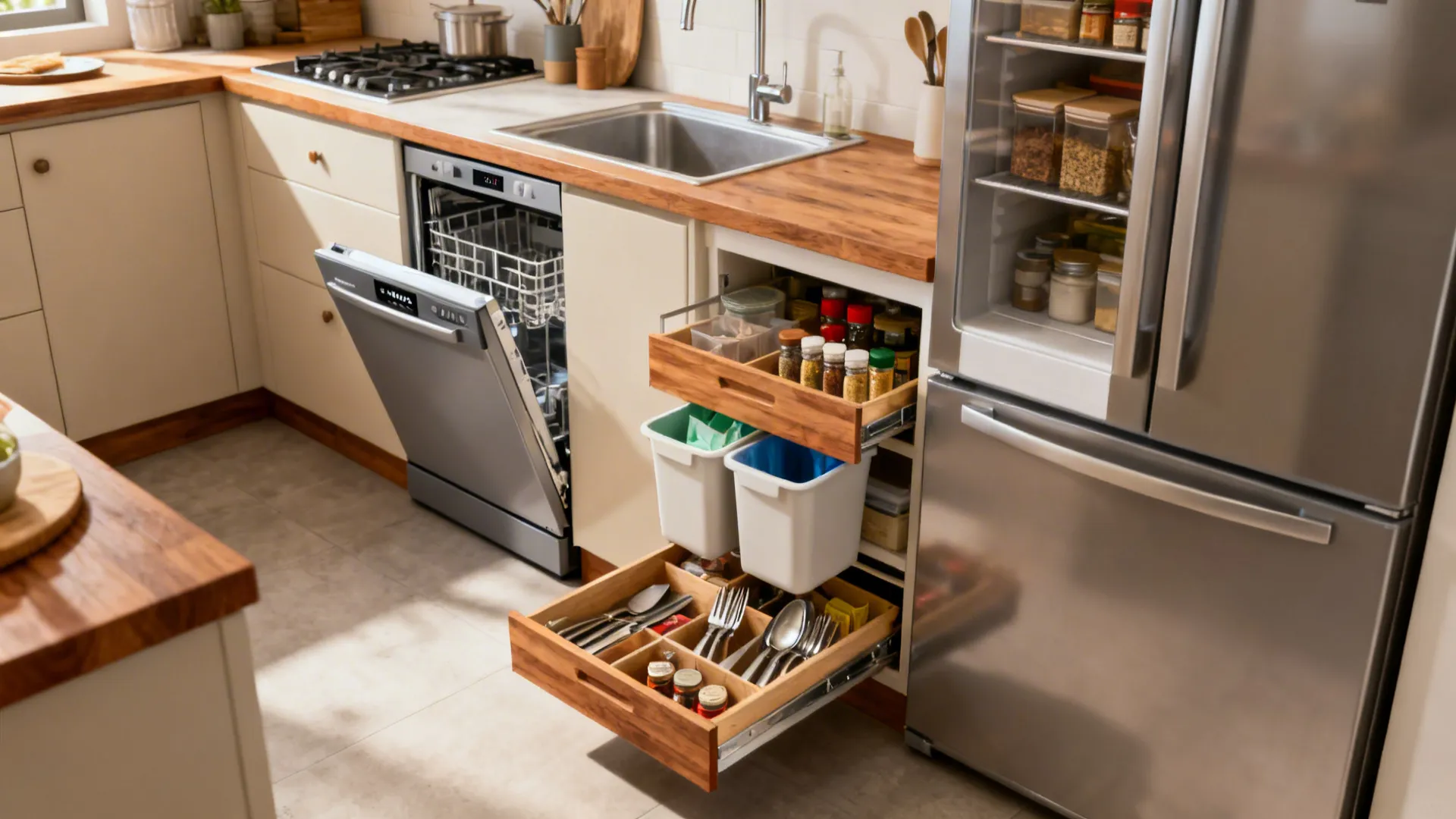 Modern kitchen with wood countertop open dishwasher pull out drawers for spices and silver refrigerator
