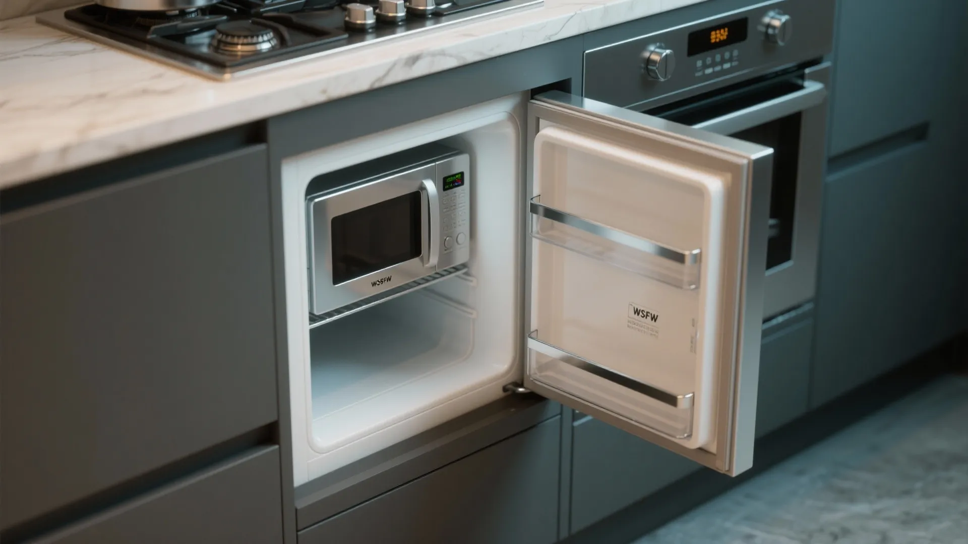 Small silver microwave stored inside an open fridge compartment within modern grey kitchen cabinet storage