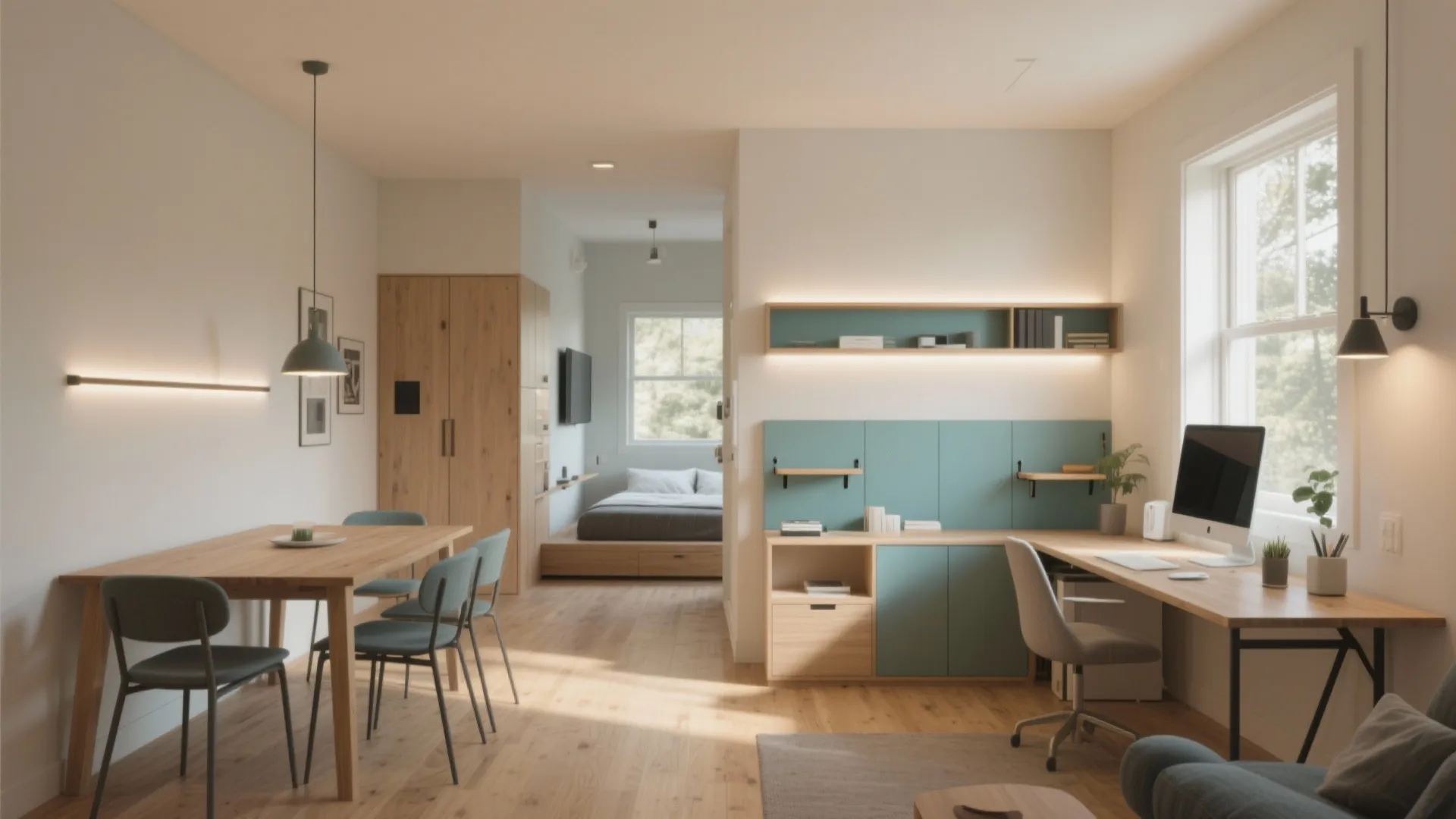 Modern studio apartment layout with wooden dining table blue chairs home office desk and bed