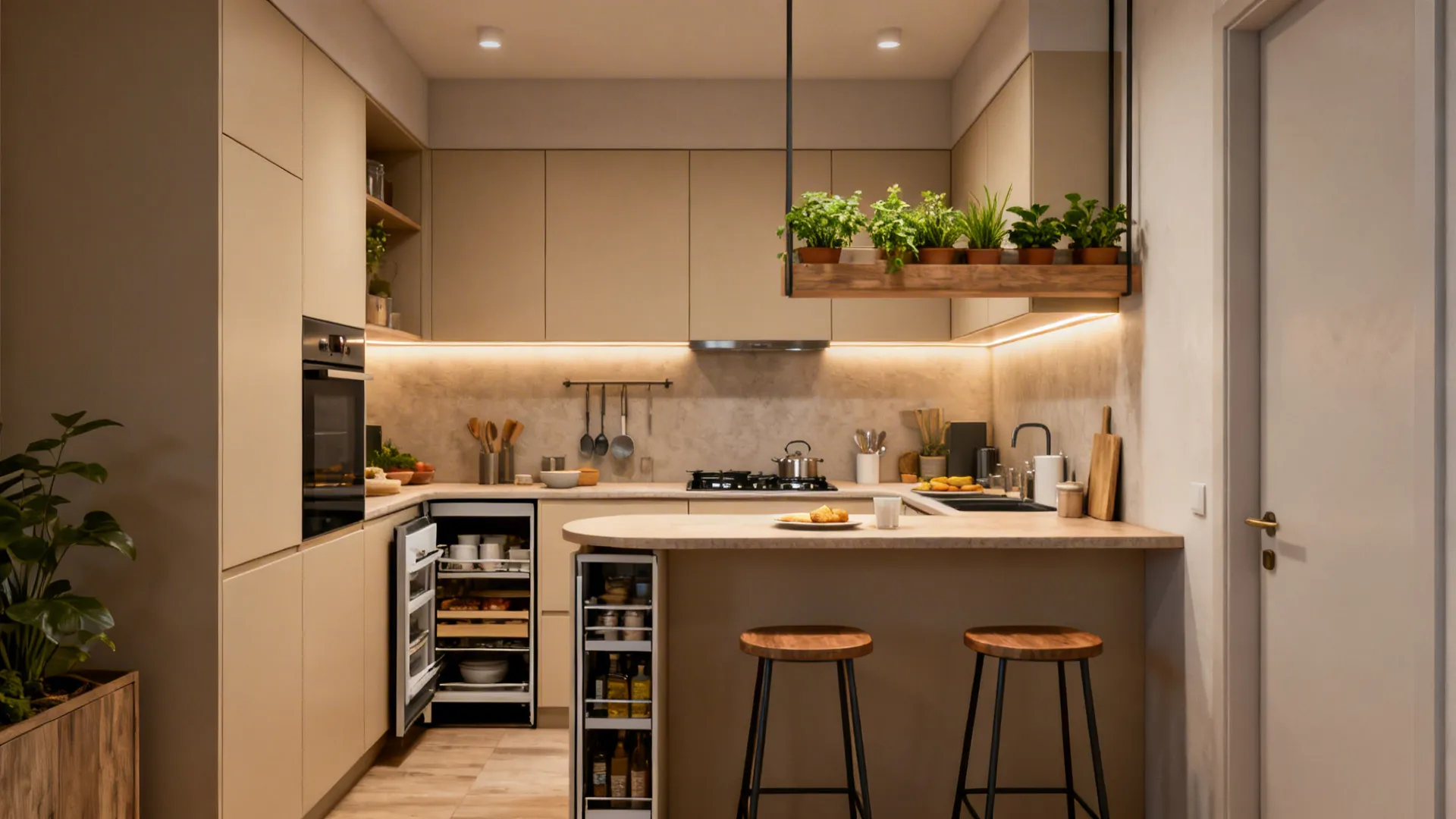Compact single-wall kitchen with integrated appliances, pull-out pantry and breakfast bar in a small apartment