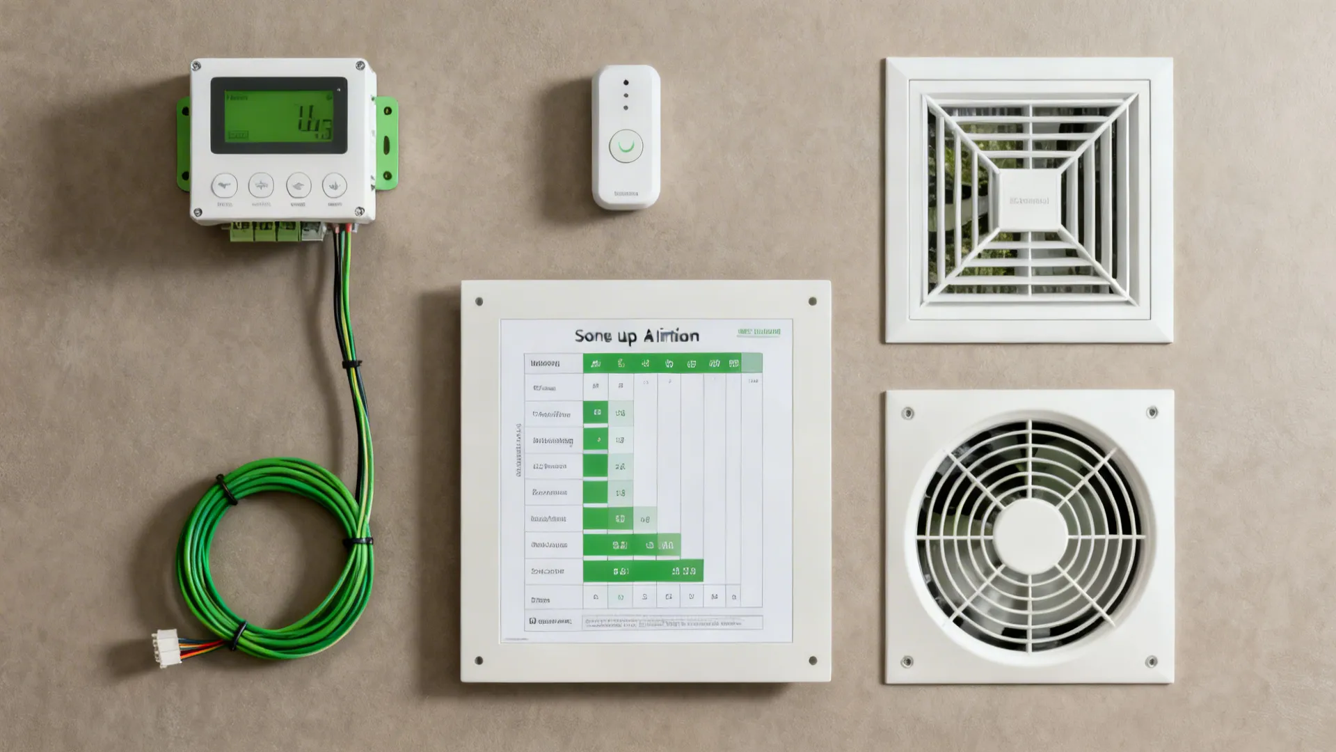 Flat lay of smart ventilation components including control module, sensor, and make-up air grille.