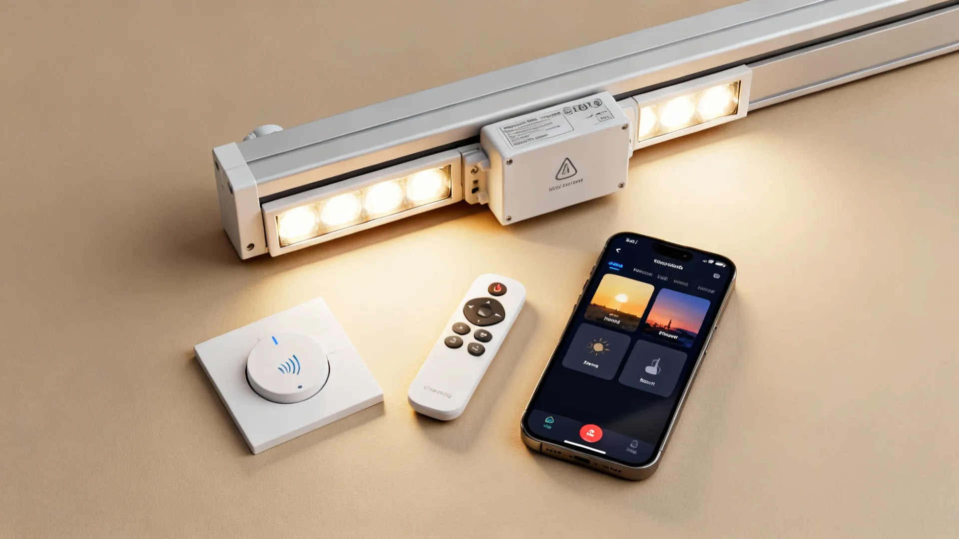 Flatlay of smart dimmer, driver module, remote, and phone showing lighting scenes for track lighting.