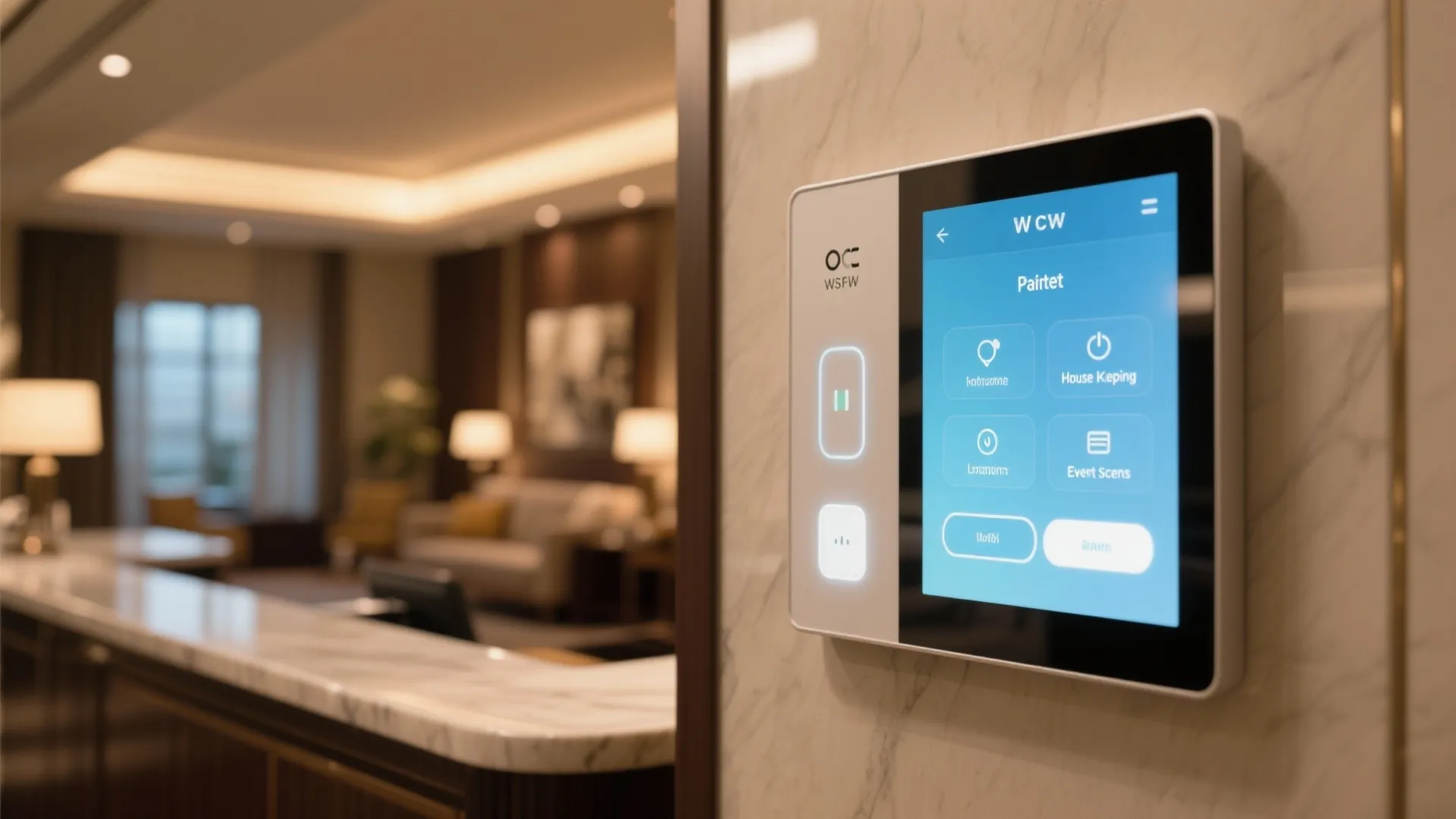 Smart lighting control panel with presets for housekeeping and events at a hotel reception.