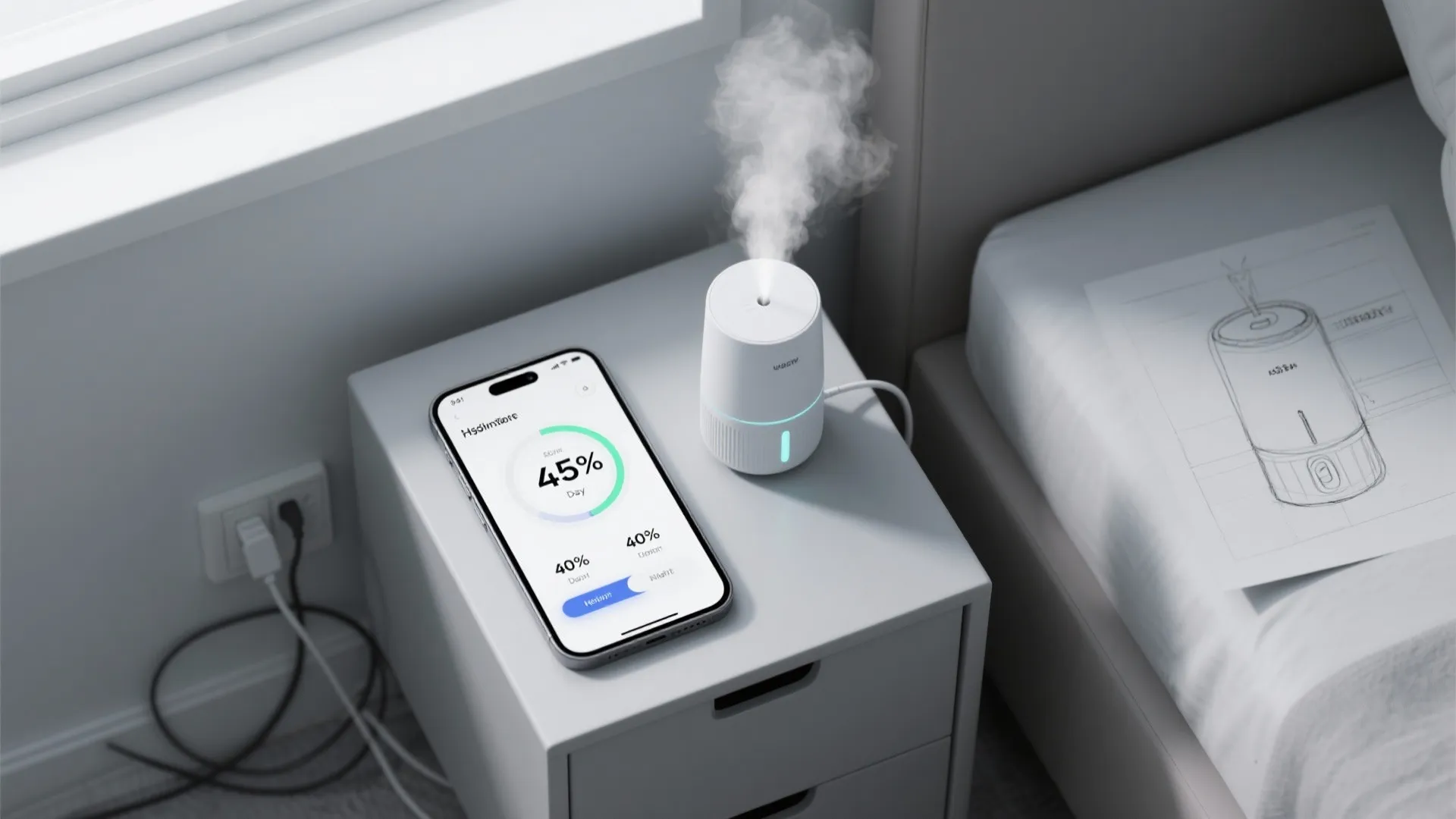 Top-down scene with app, hygrometer, and humidifier showing targeted humidity setup.
