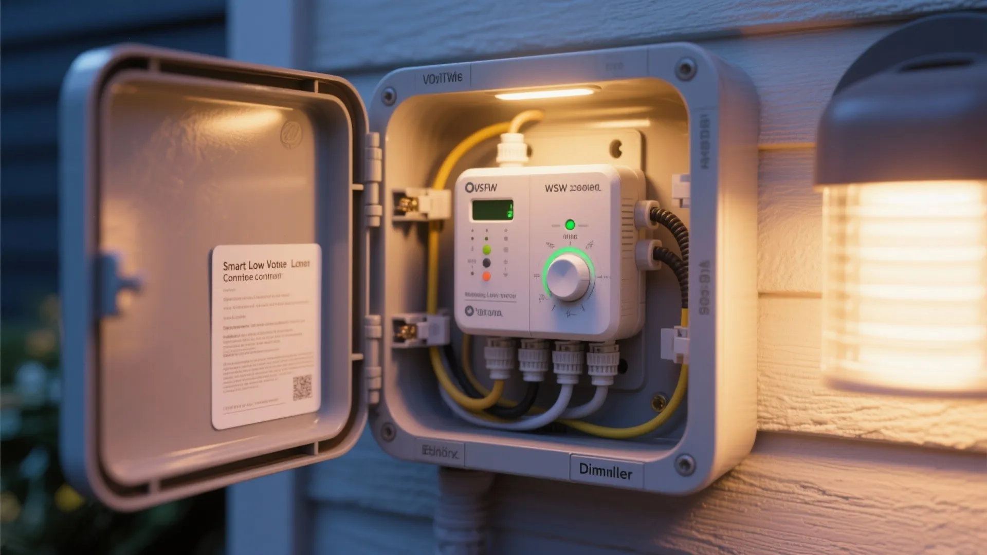 Smart light controller with a dial and wires inside an open grey outdoor wall box