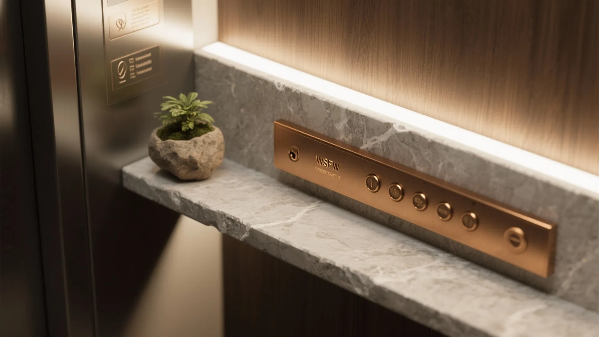 Smart control panel with gold buttons on marble shelf with small plant and warm light