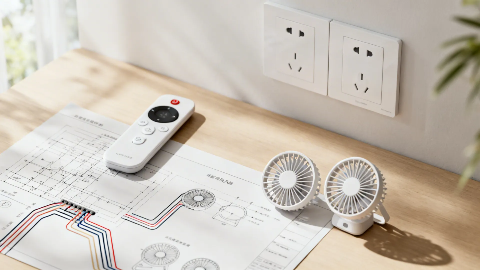 Flatlay of smart remotes and wall panels used to control two ceiling fans and integrated lighting.