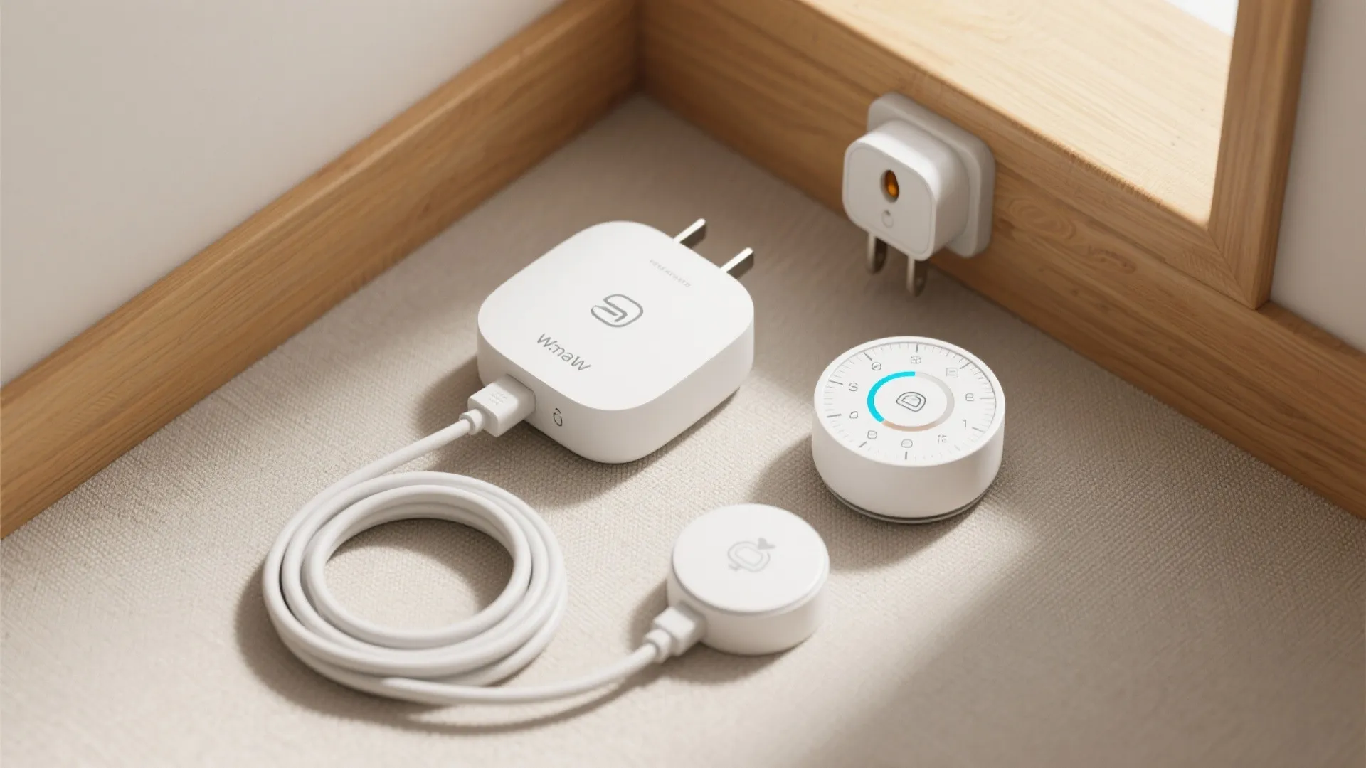 Flat lay of a plug-in smart thermostat, smart plug, and room sensor on neutral fabric.