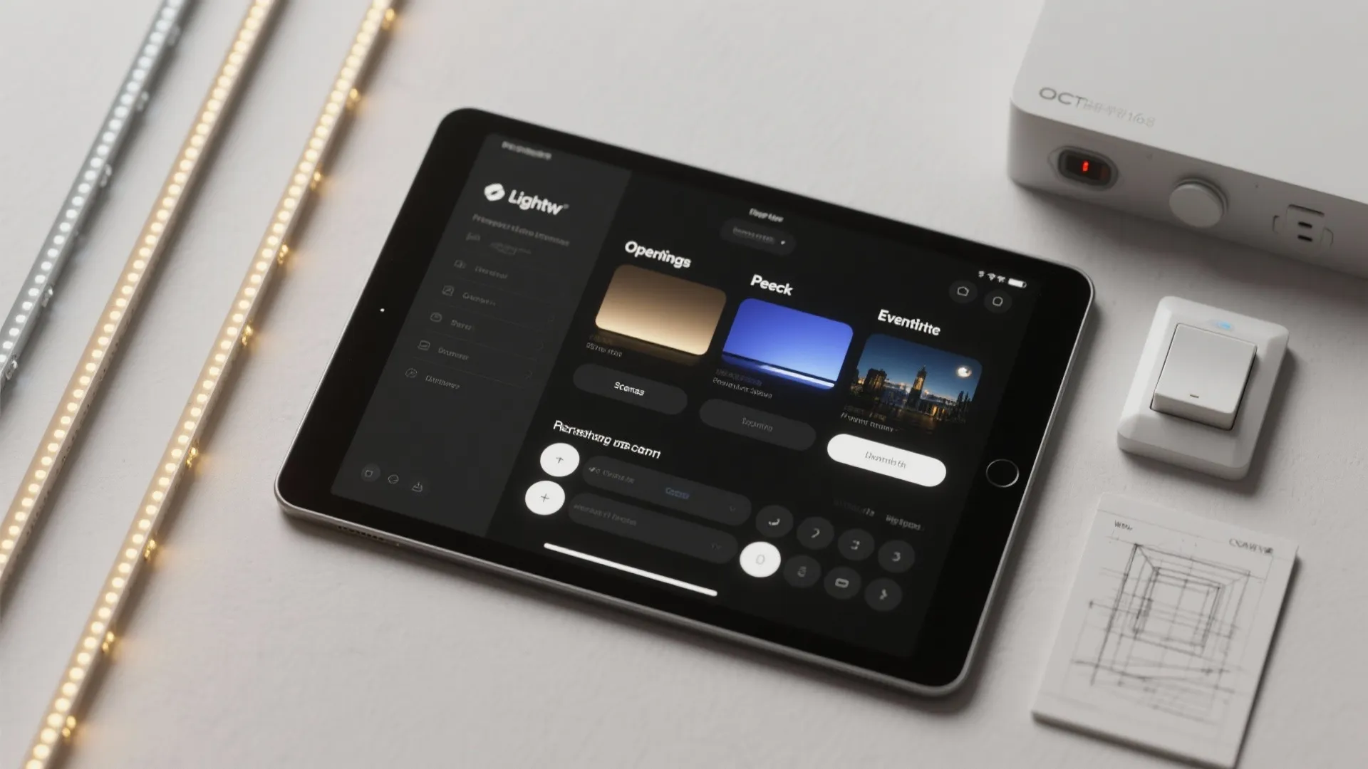 Tablet showing smart lighting control app interface alongside LED strips and white wall light switch