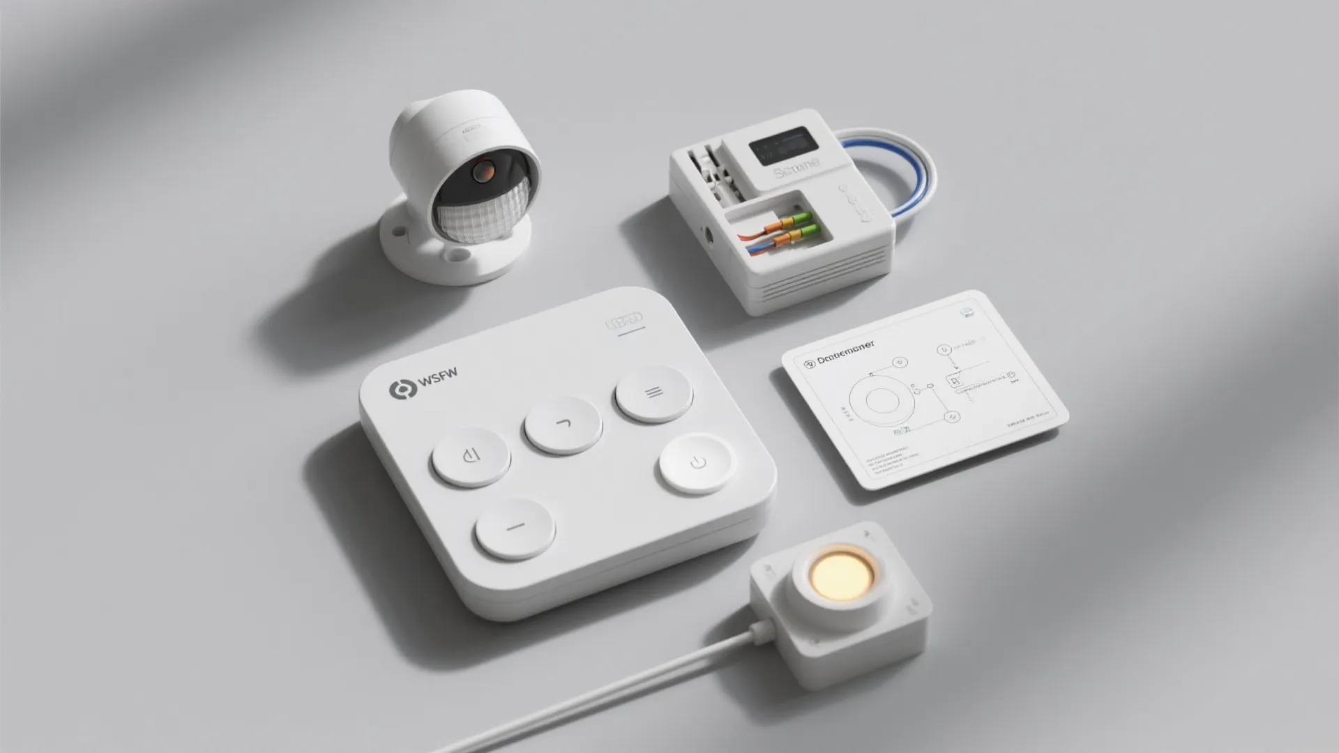 Smart home control devices including white switch panel security camera and sensor on a grey surface
