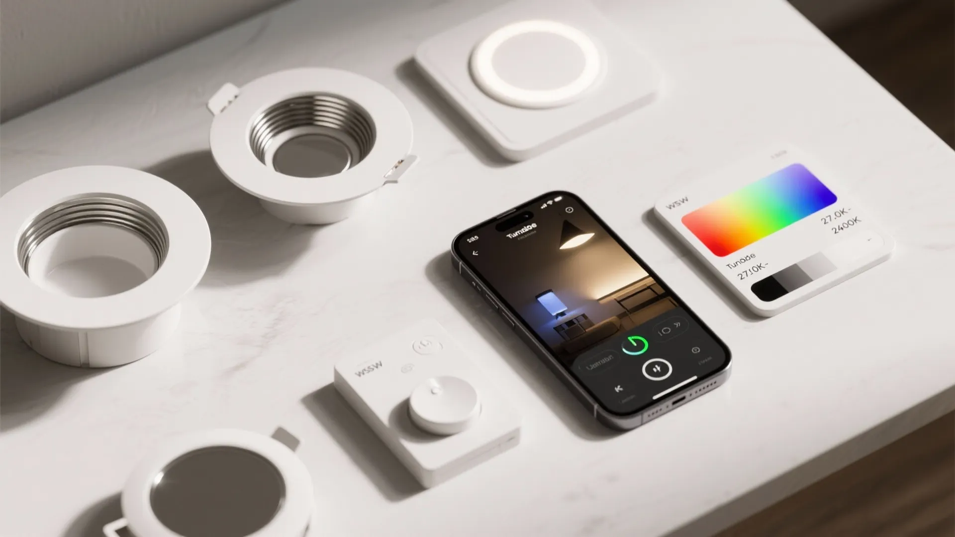 Smart home lighting controls showing a phone app and several white light fixtures on a table