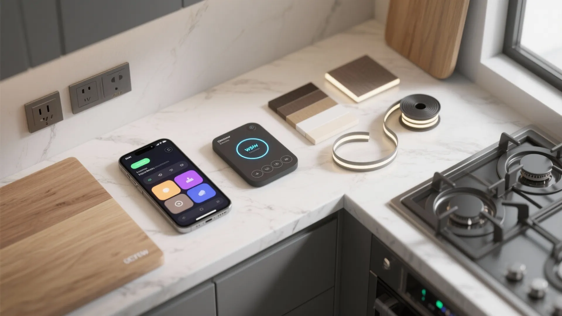 Flatlay of smart lighting controls, smartphone with scenes, and material samples for a small multifunctional kitchen.