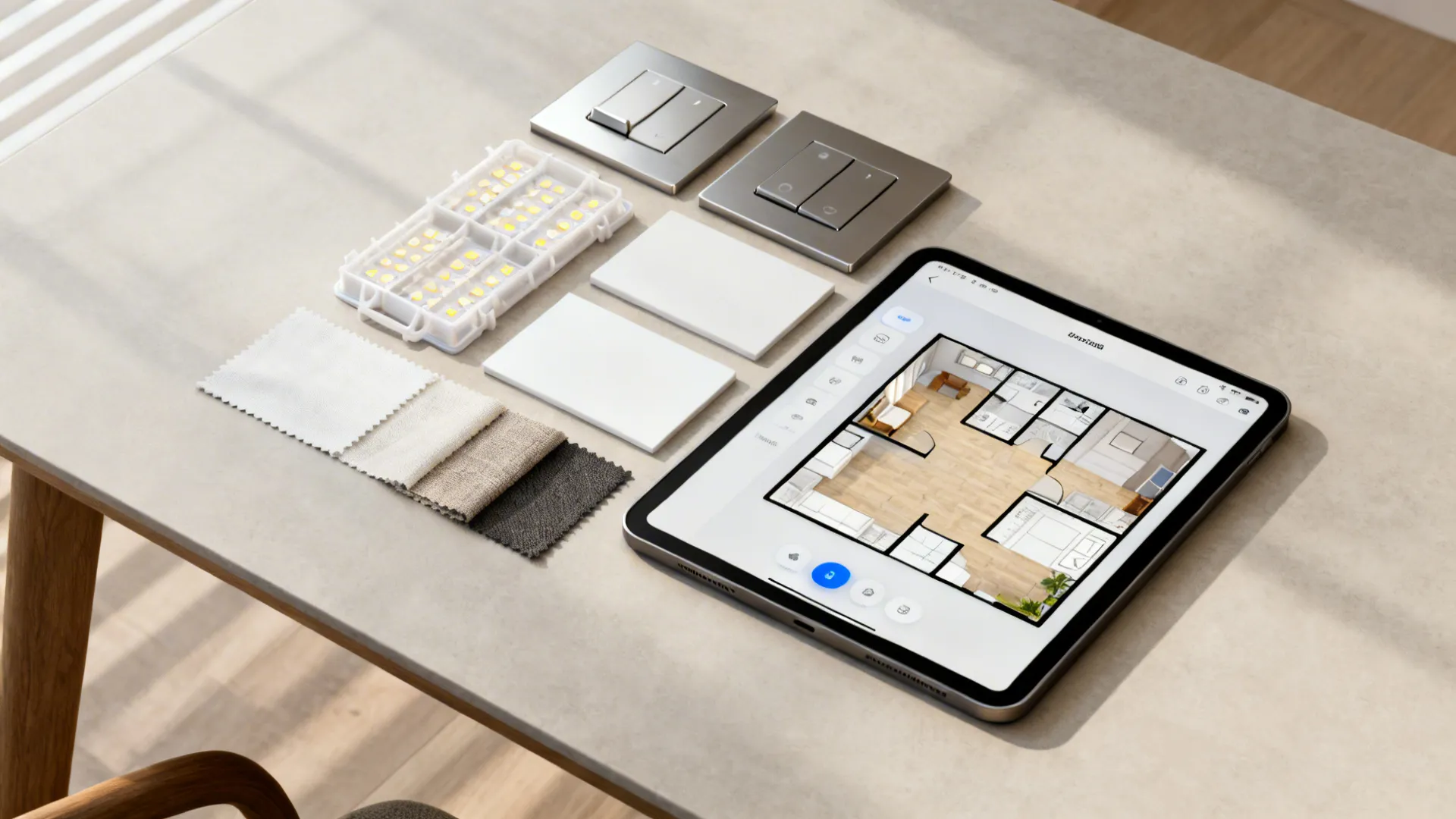 Flatlay of dimmer panels, tunable white swatches, LED module samples and a tablet showing a room planner.
