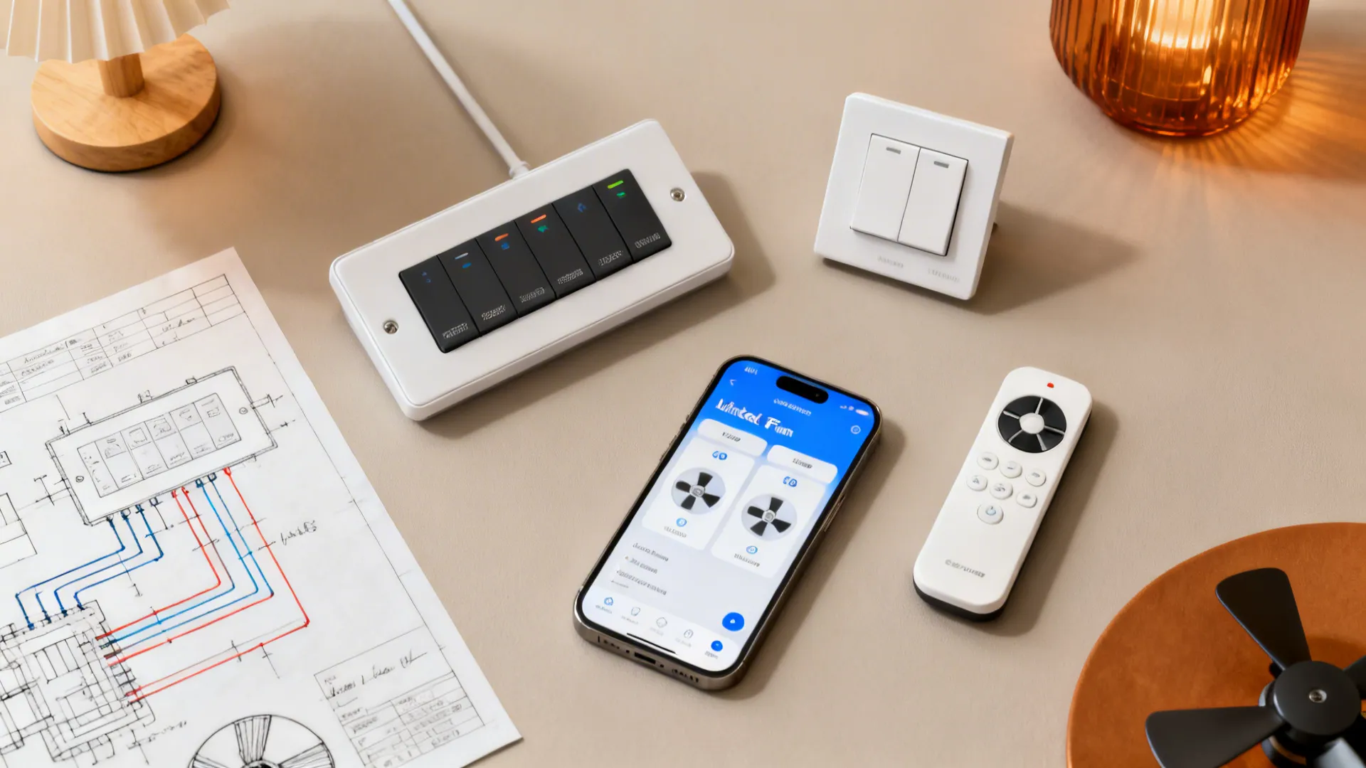 Flatlay of a multi-zone fan controller, smart switch, smartphone app, and remotes for coordinating two fans.