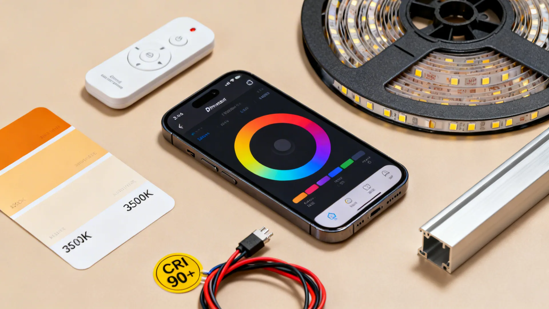 Flatlay of smart dimmer, smartphone presets, LED strip reel, and material swatches for layered lighting.
