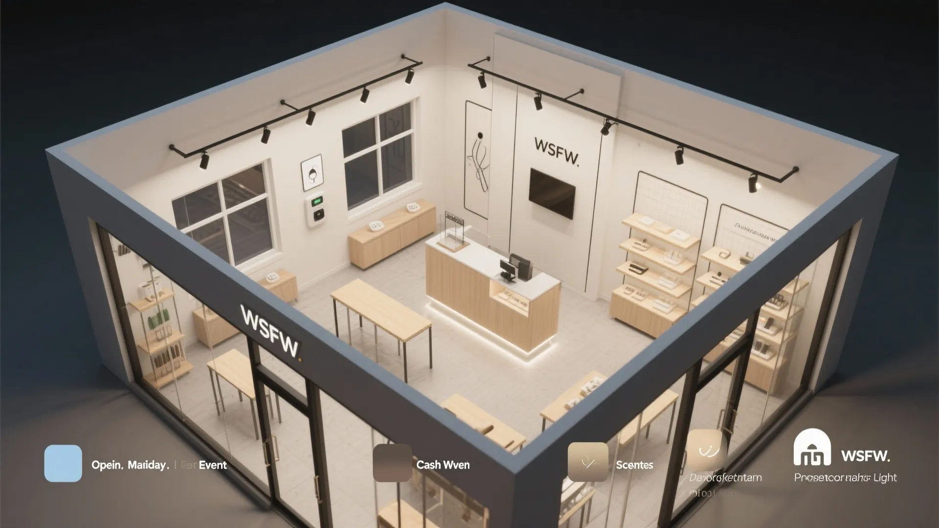 Interior design drawing showing a retail store layout with wooden shelves counter and ceiling lights
