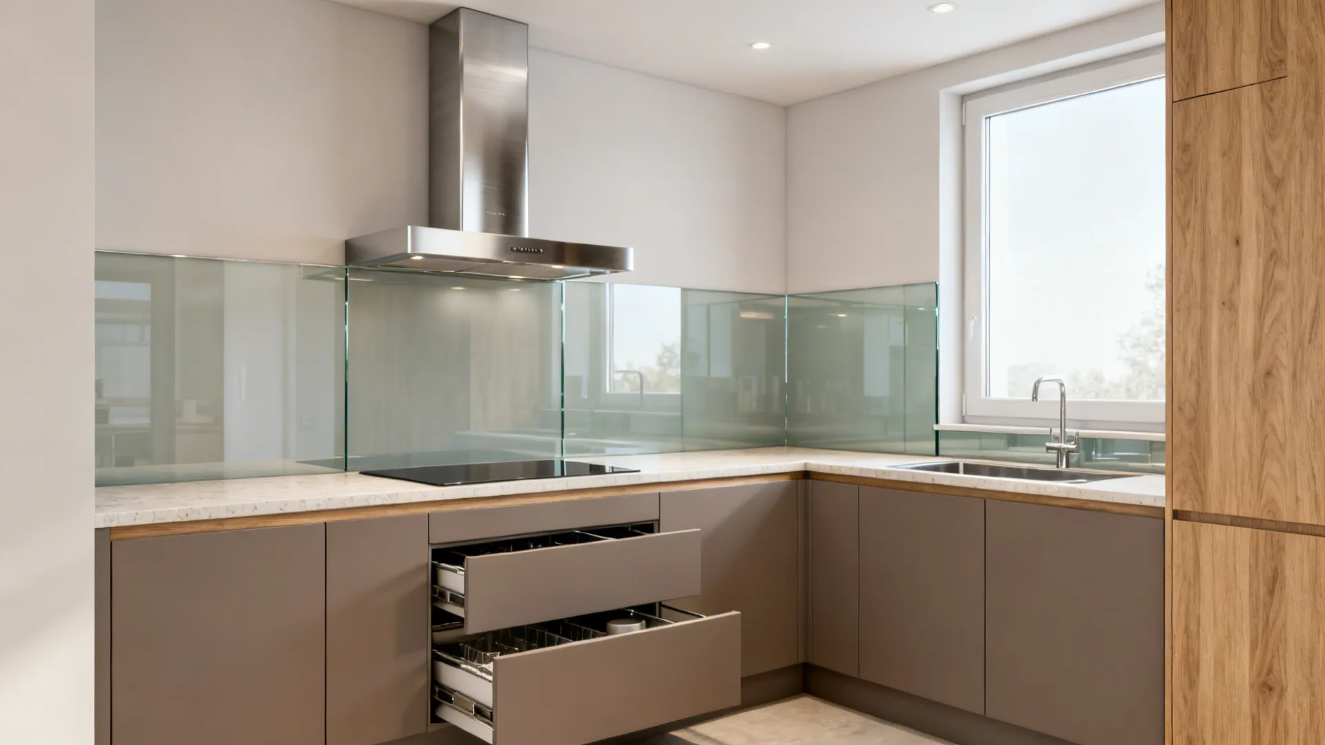 Modern kitchen with grey cabinets open drawers glass wall protection stainless steel hood and bright window
