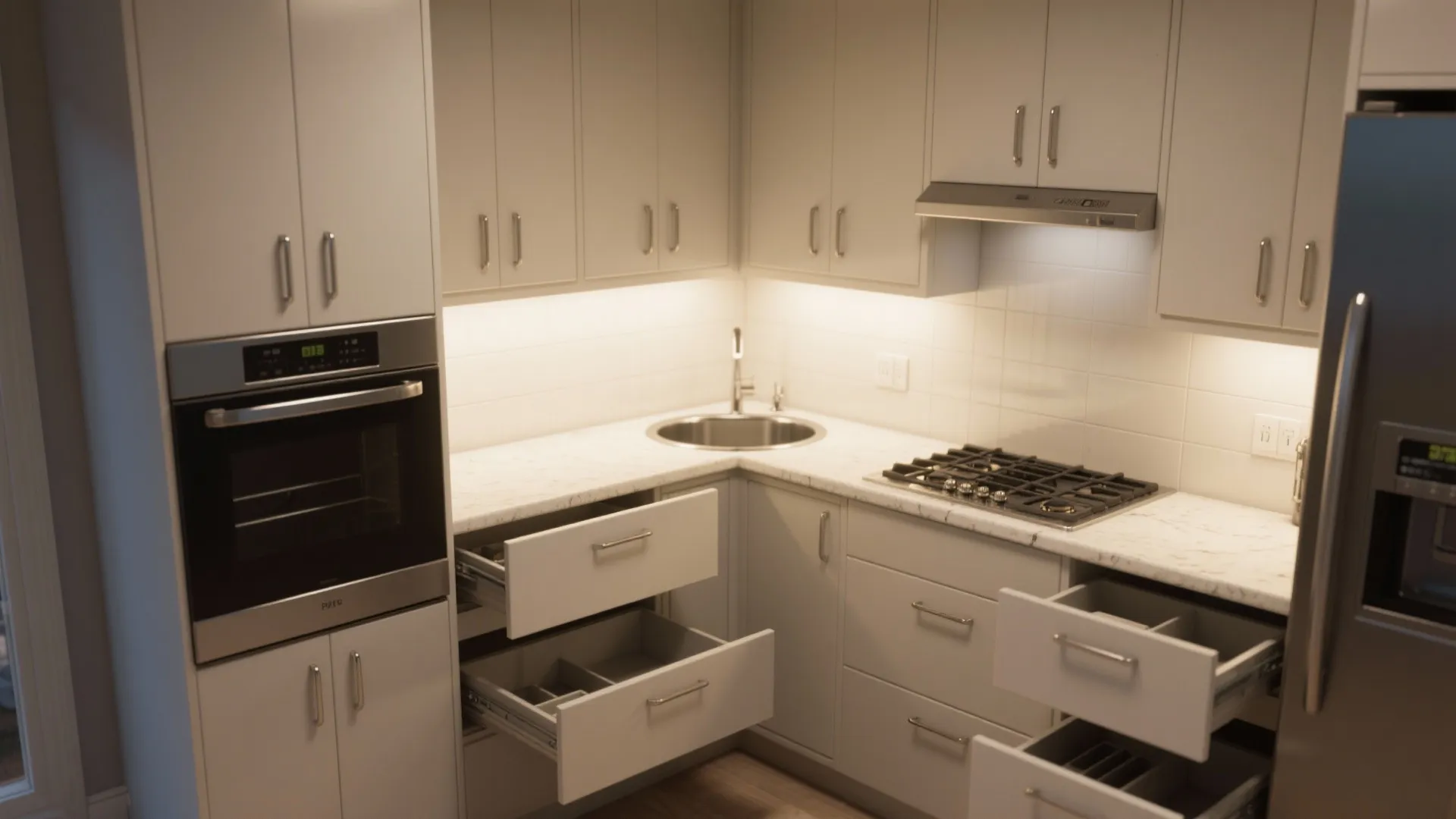 Modern white kitchen cabinets with open drawers under counter oven and gas stove with sink