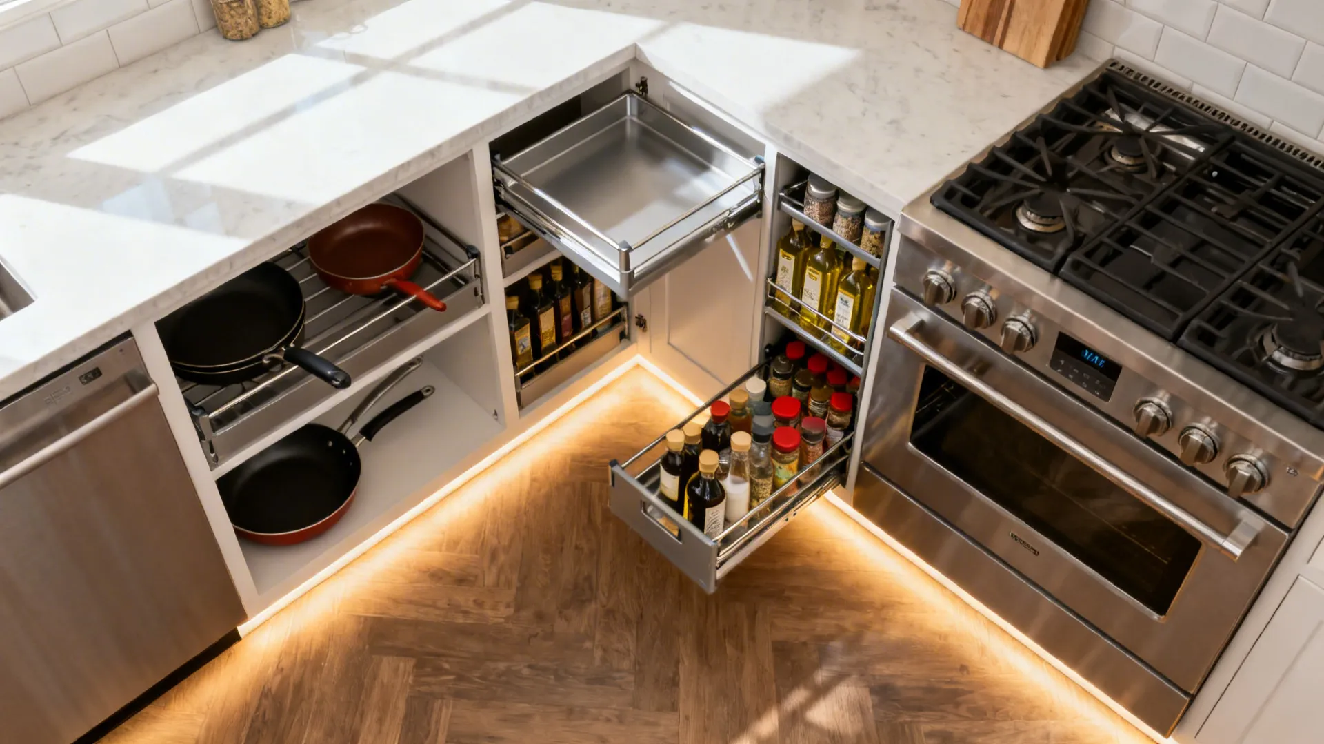 Top-down view of a LeMans corner tray and a slim pullout pantry in a compact kitchen.