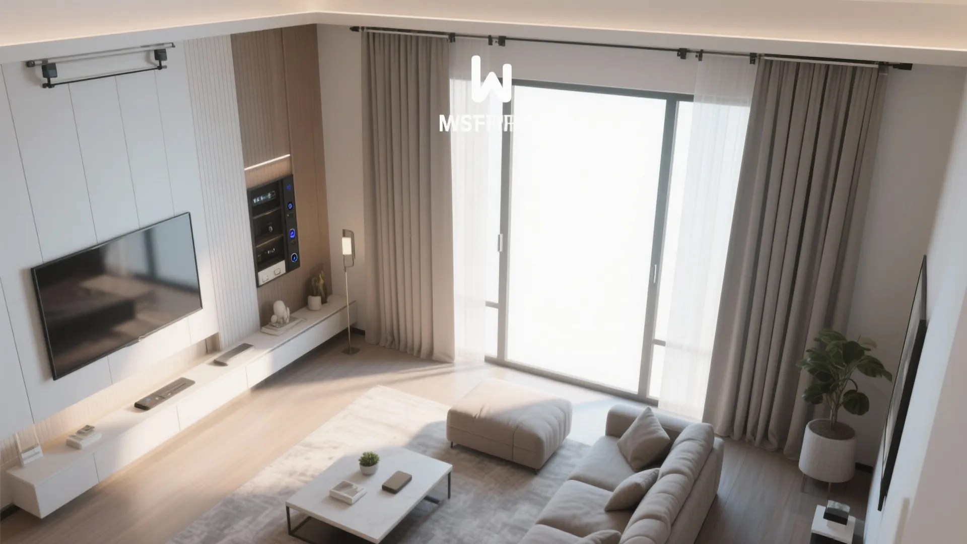 Modern living room layout with grey sofa white cabinet large windows and light grey hanging curtains