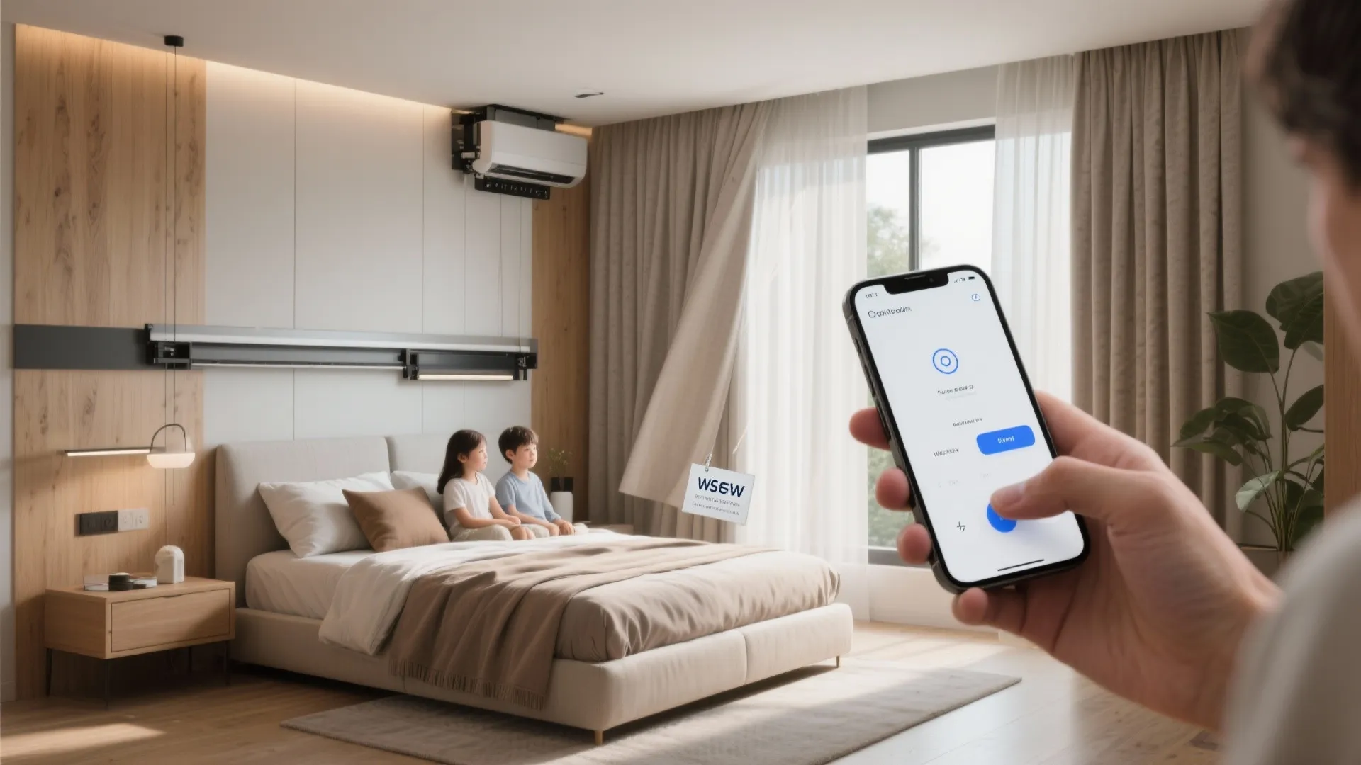 Smart home phone app controlling automatic beige curtains in a modern bedroom with two children