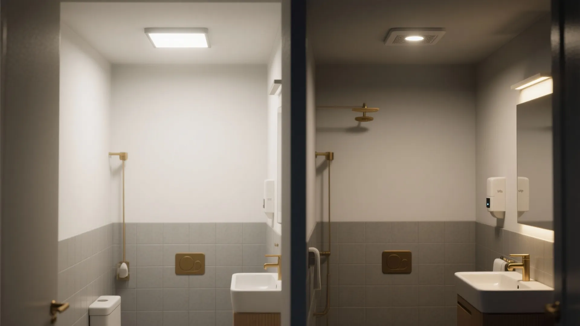 Before and after comparison of bathroom interior design with bright and warm smart ceiling light