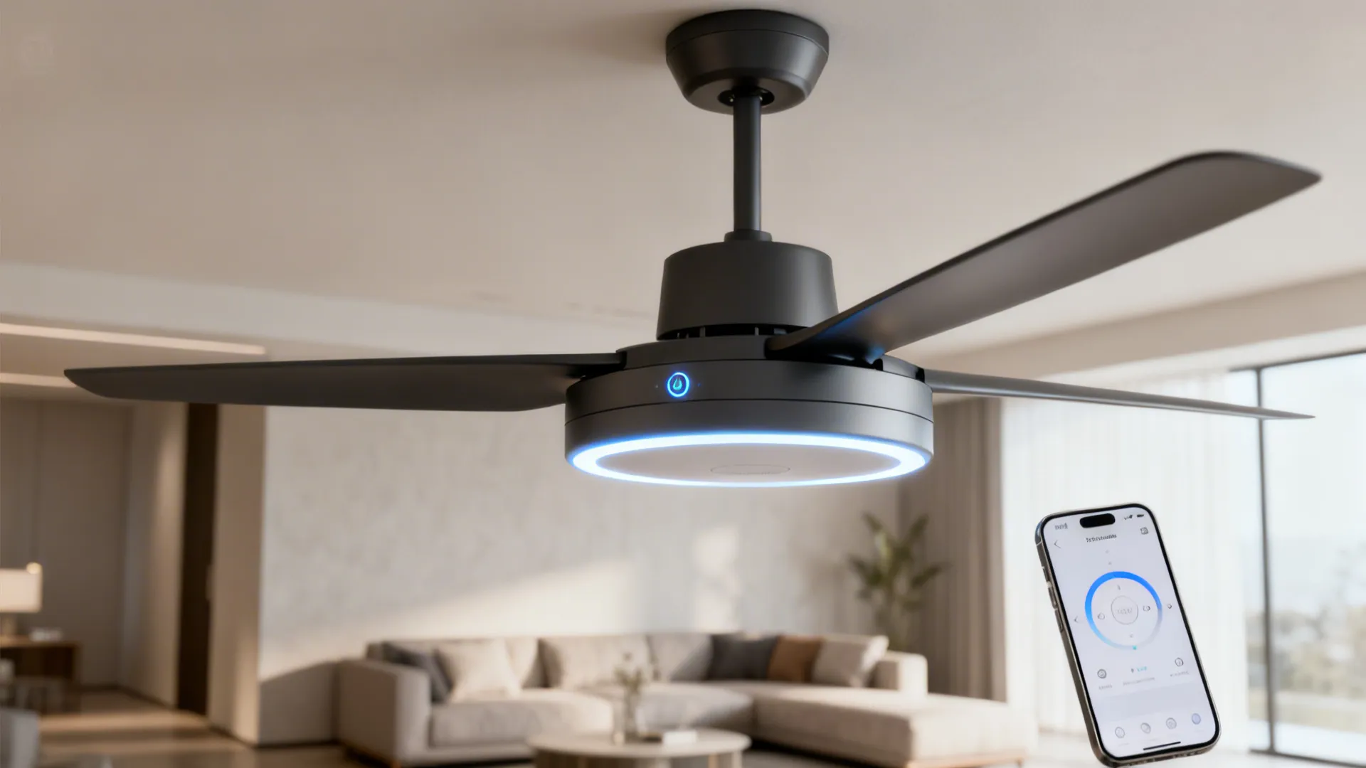 Modern smart ceiling fan with DC motor and smartphone app control in a small living room.