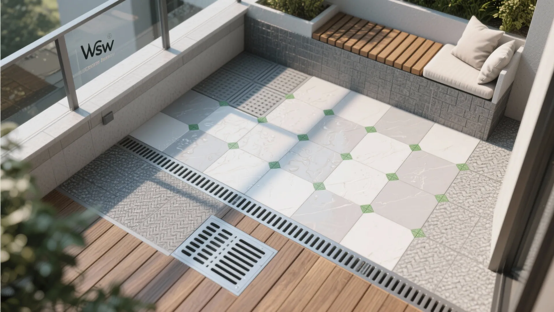 Modern balcony floor design featuring various tile patterns wooden bench with white cushions and drain