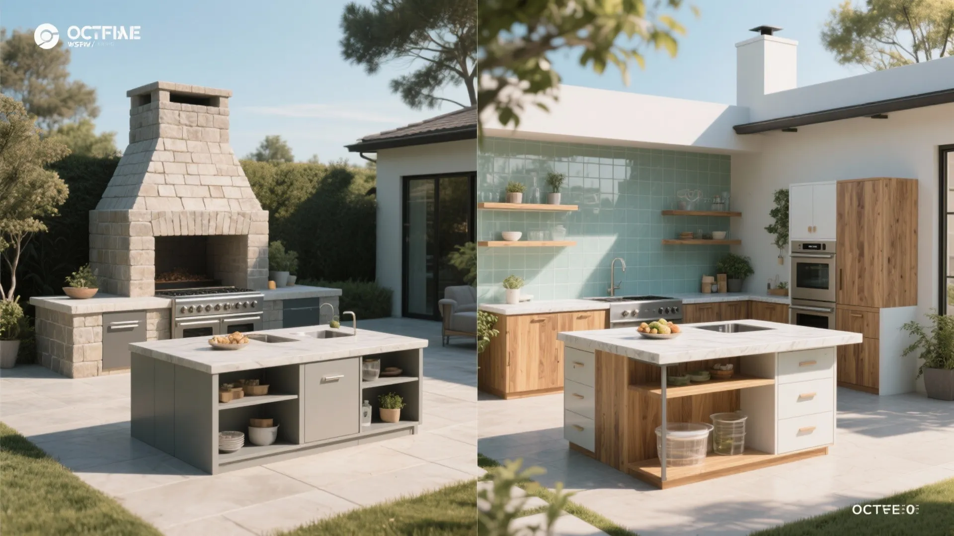 Side by side comparison showing two different styles of outdoor kitchen islands with stone fireplace
