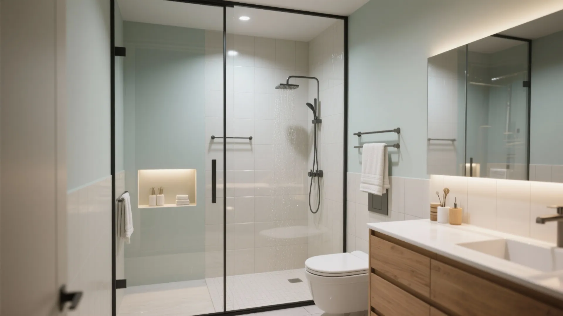 Modern bathroom with glass shower door light blue walls wood cabinet white toilet and mirror