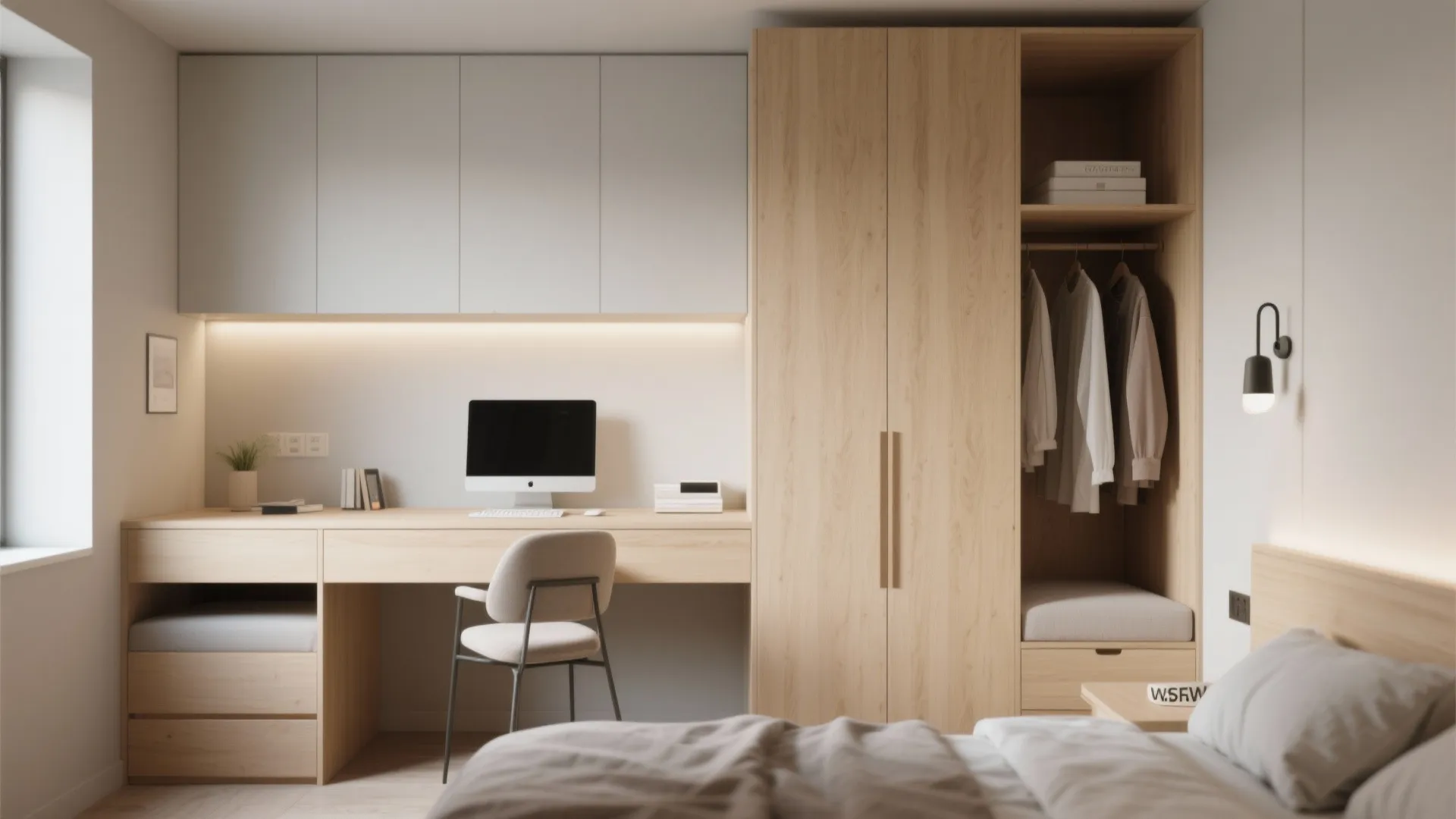 Modern bedroom featuring a wooden desk workspace combined with a large wardrobe and white wall cabinets