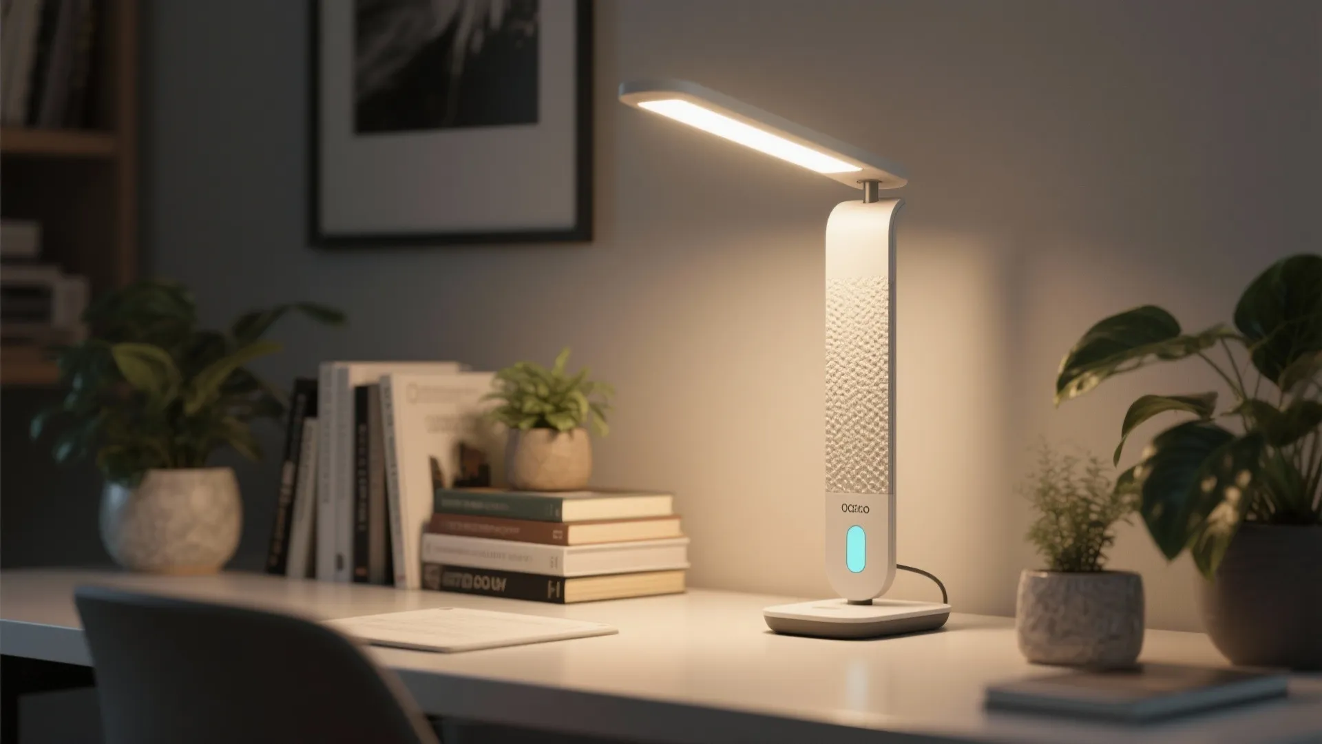 Modern white desk light fixture glowing on a white workspace with books and green plants