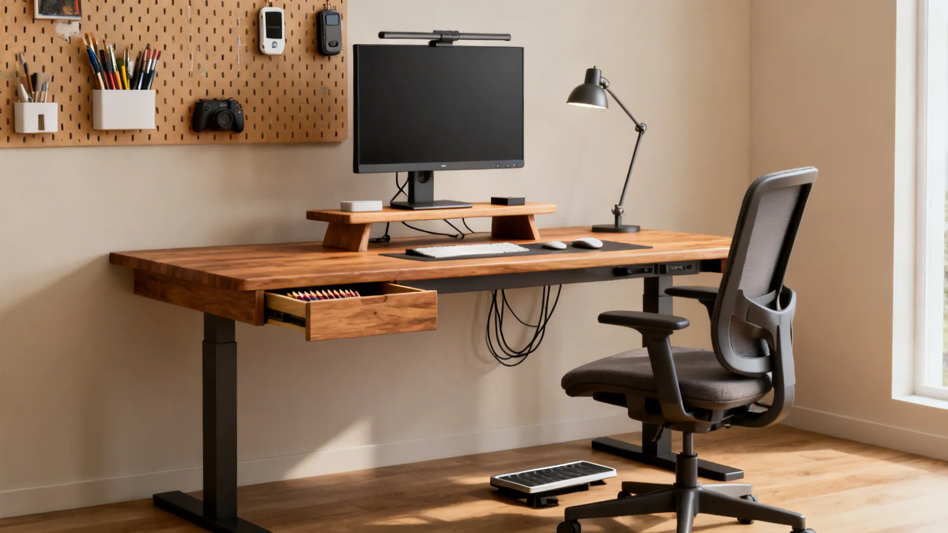 Kid’s desk with pegboard, shallow drawer, shelf riser for monitor, and an adjustable chair with footrest.