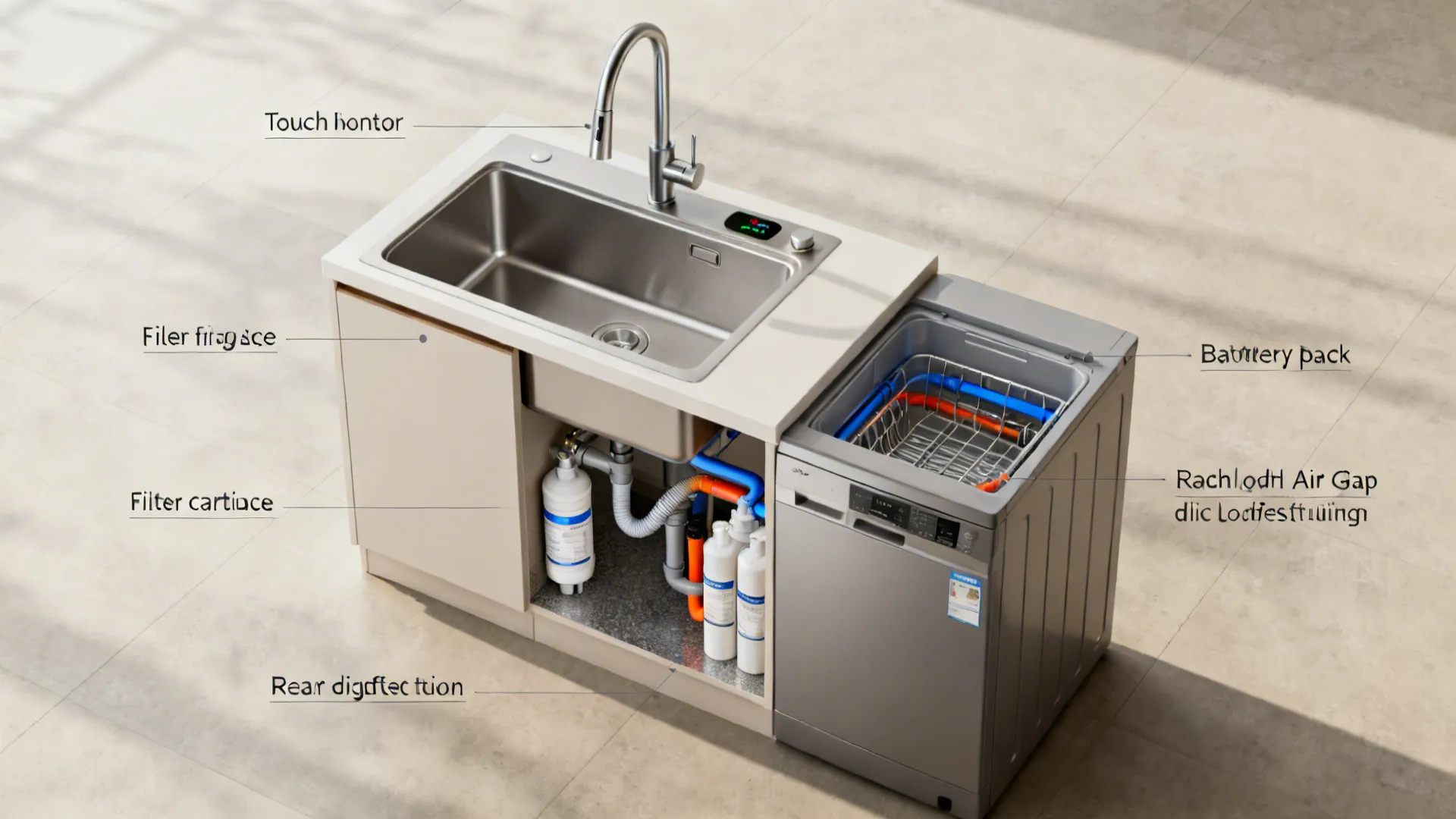 Interior design drawing showing kitchen sink with water filter system dishwasher and labeled smart home features