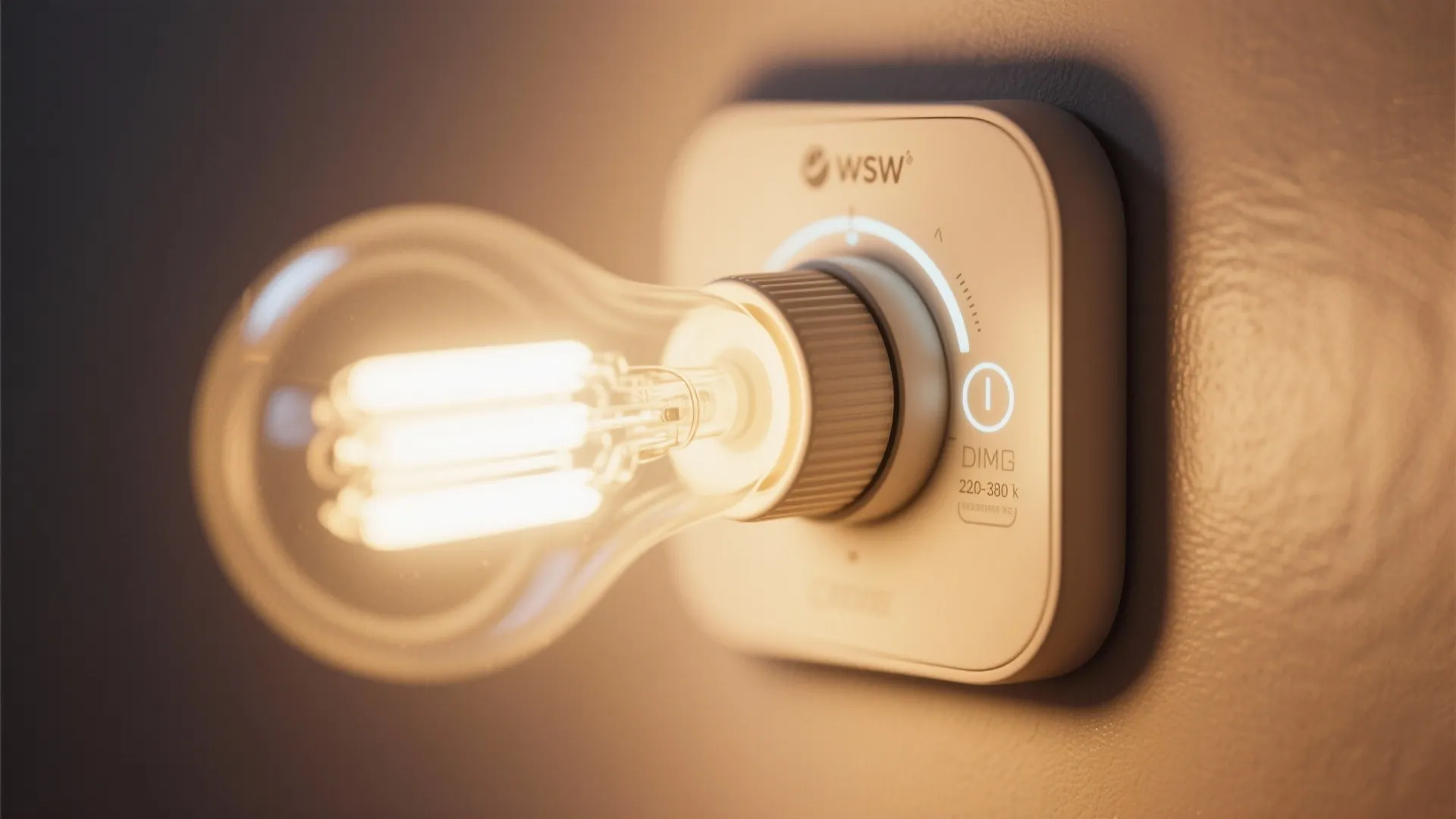A glowing light bulb connected to a white wall dimmer switch with warm light effects applied