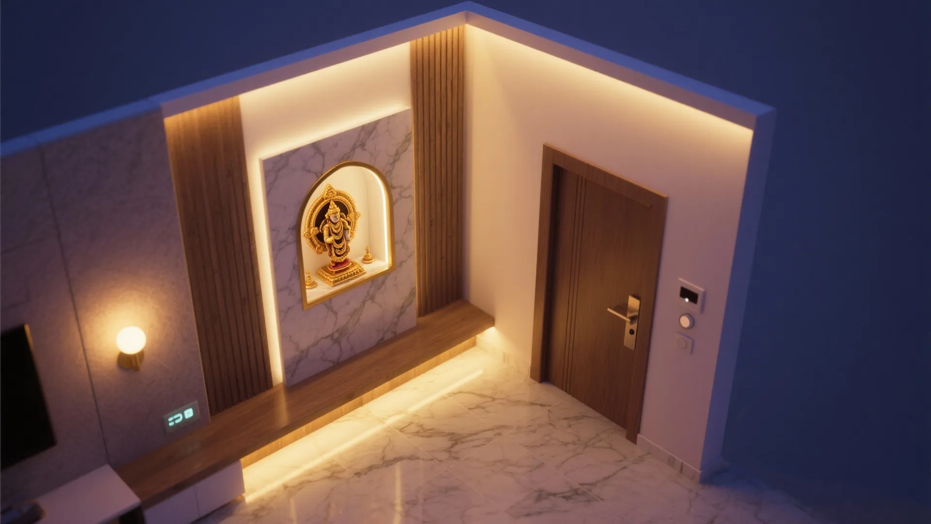 Modern room corner with hidden lighting, marble wall, golden statue, wooden door, and wall light.