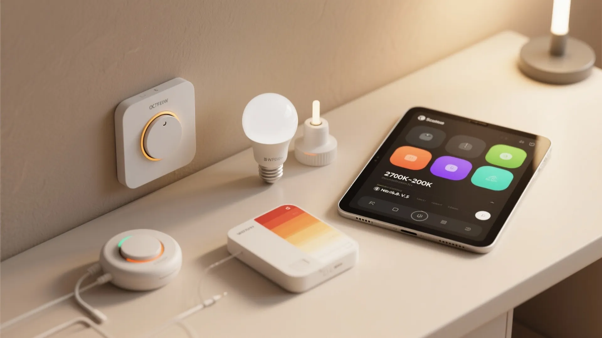Smart light switches and a tablet showing a home lighting control app on white desk