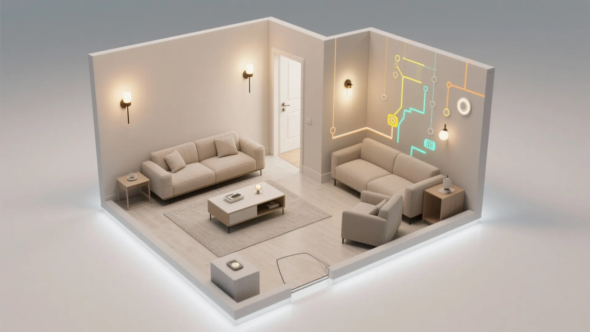 Interior design drawing showing living room smart lighting plan with colorful lines on the wall