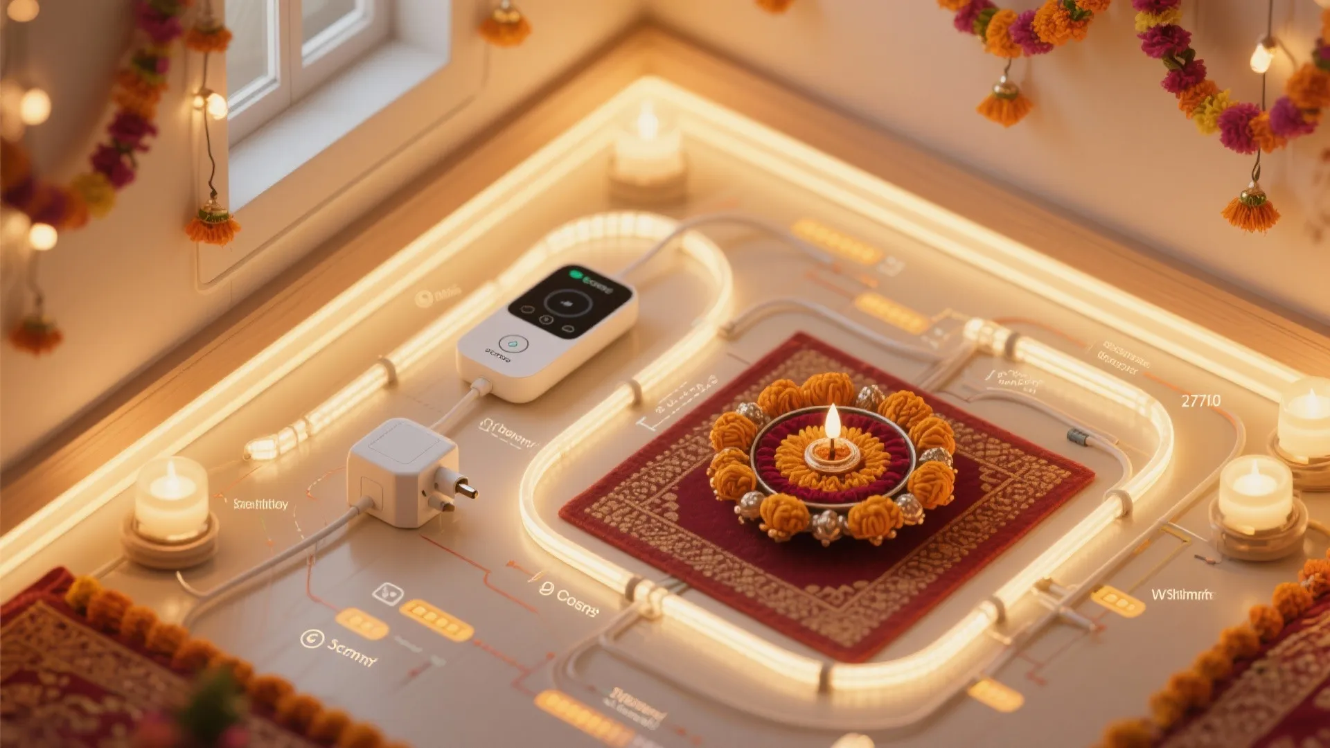 Smart lighting control system with white power adapter led light strips candles and decorative flowers