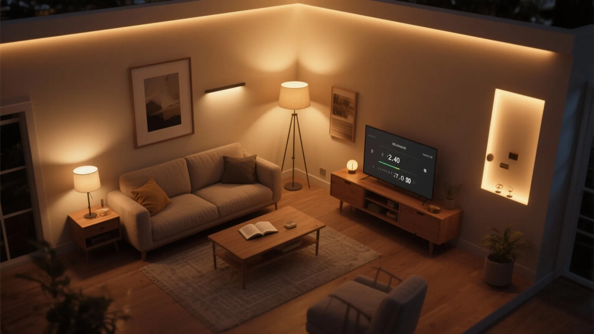 Interior design drawing of living room with sofa wooden table and smart lighting control display screen