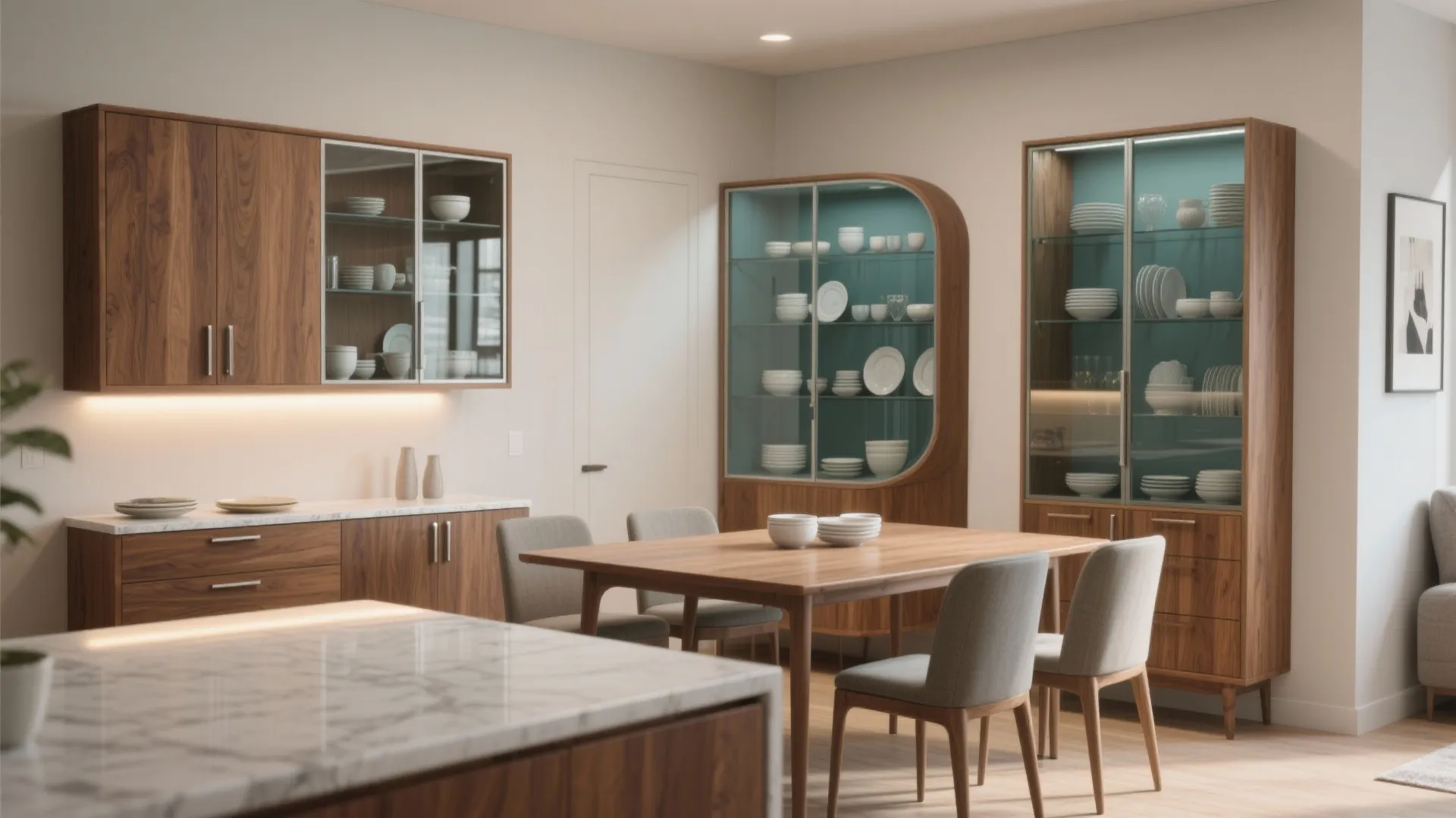 Wooden dining room furniture featuring wall cabinets with glass doors and a matching dinner table