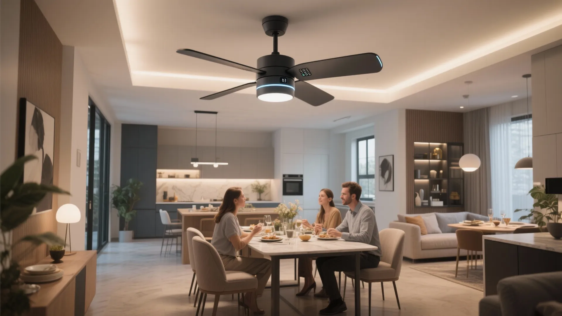 Open-plan dining space with modern smart ceiling fan