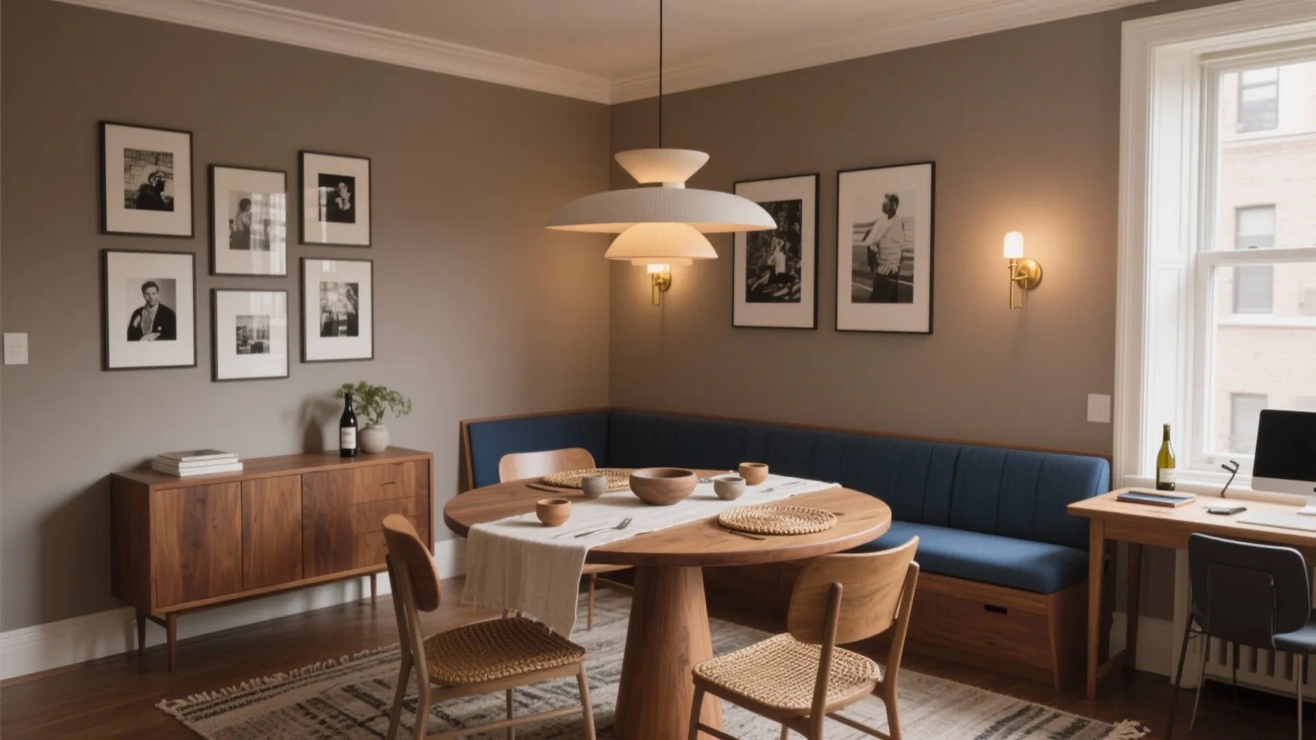 Modern dining room featuring wooden round table blue corner bench cabinet wall light and gallery wall