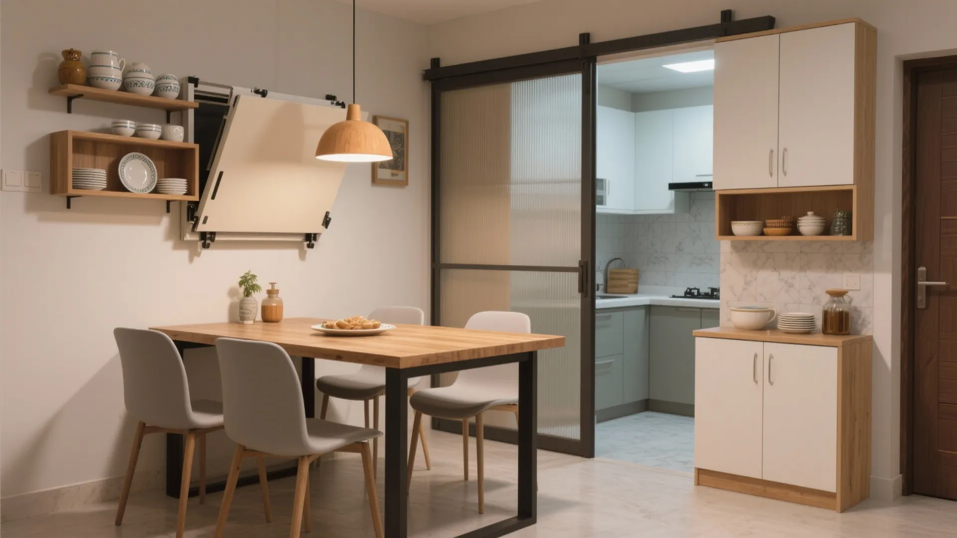 Small dining room with wooden table grey chairs sliding glass door and kitchen in background