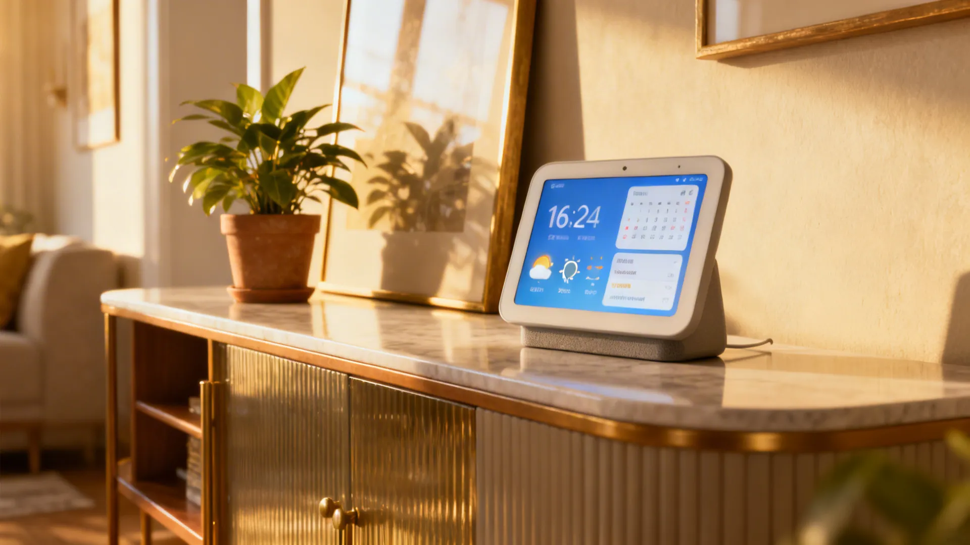 Compact smart display on a console showing time, weather, and calendar in a bright living room.