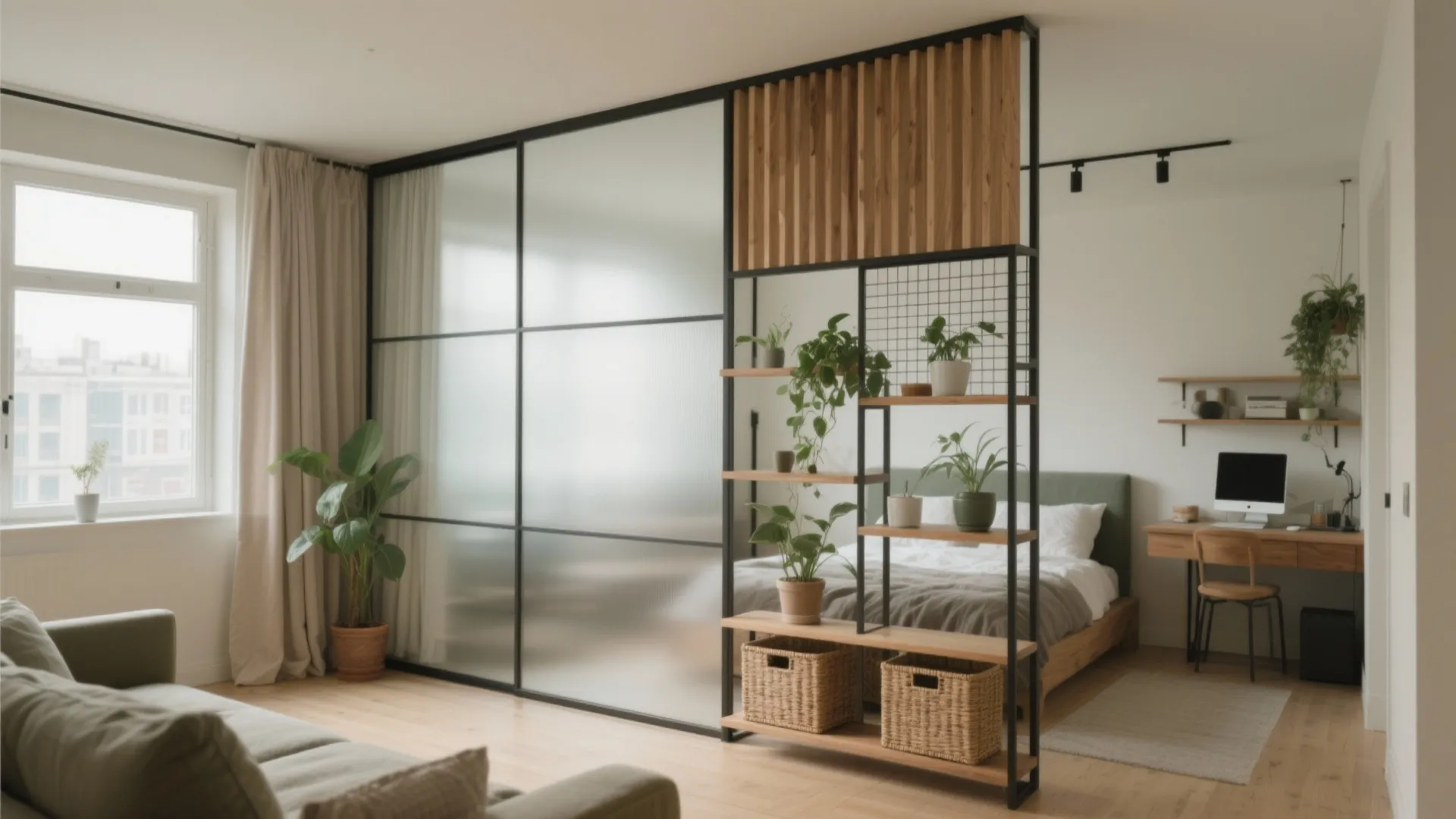 Modern room divider with glass panels and wooden shelves separating a bedroom from a workspace