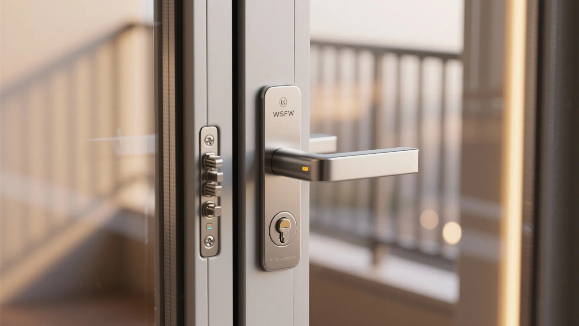 Close up of a modern silver smart door handle installed on a glass balcony sliding door